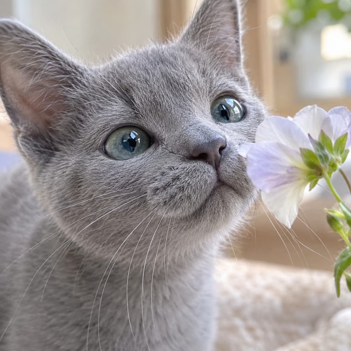 「どんな匂いがするのかな?🌸 お花と子猫の優しい世界観に、心がホッと温まりますね🌿」An ultra-realistic high-quality photograph of a Russian Blue kitten smelling a delicate light purple flower by a brightly lit window. It has beautiful silver-grey fur, blue-green eyes, and an elegant ω-shaped snout extended towards the bloom. 窓辺の明るい光の中、薄紫色の可憐な花の香りを嗅ぐロシアンブルーの子猫。美しいシルバーグレーの被毛と青緑色の瞳が魅力的。花に向かって伸びた鼻先とωのひげ袋が美しい