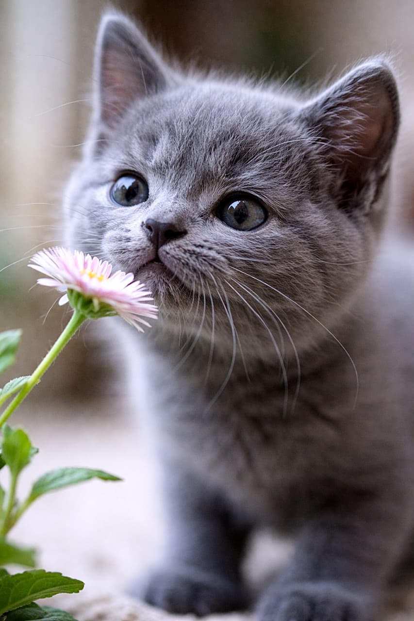 「花の香りに夢中！ふっくらヒゲと「ω」口がキュートなロシアンブルー子猫の瞬間♪」A photorealistic close-up of a 9-week-old Russian Blue kitten sniffing a delicate flower, showing its prominent puffy whisker pads and a cute 'w' shaped pouty mouth. 9週間のロシアンブルーの子猫が可憐な花の香りを嗅ぐクローズアップ。ふっくらしたヒゲの根元と「ω」口がチャームポイント