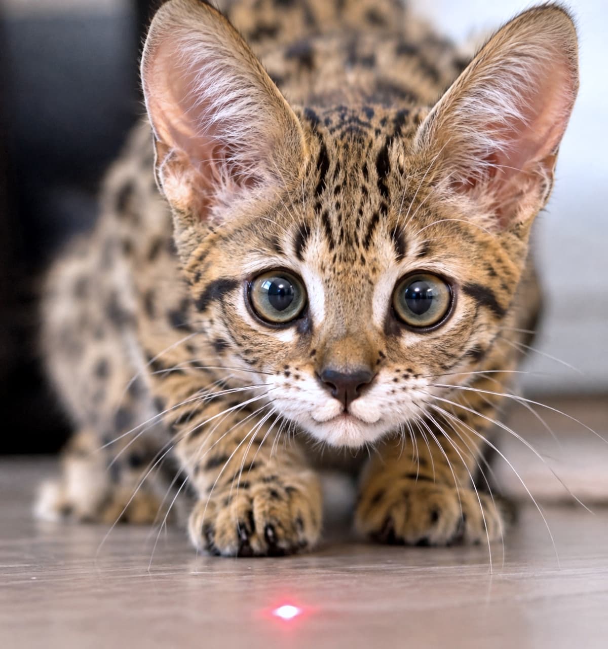 「狙った獲物は逃さないにゃ!🐆 レーザーに全集中する真剣な眼差しと、キュッと結ばれたωのお口がカッコいい🔥」Ultra-realistic high-quality photograph of a Savannah kitten crouching and aiming at a red laser pointer dot on the floor. Its beautiful leopard-spotted coat and tensed, ω-shaped whisker pads evoke a wild hunter. 床に映る赤いレーザーポインターの光を凝視し、身を低くして狙いを定めるサバンナキャットの子猫の超リアルな写真。美しいヒョウ柄の被毛と、緊張で横にピーンと張ったω形のウィスカーパッドが野生のハンターを思わせる