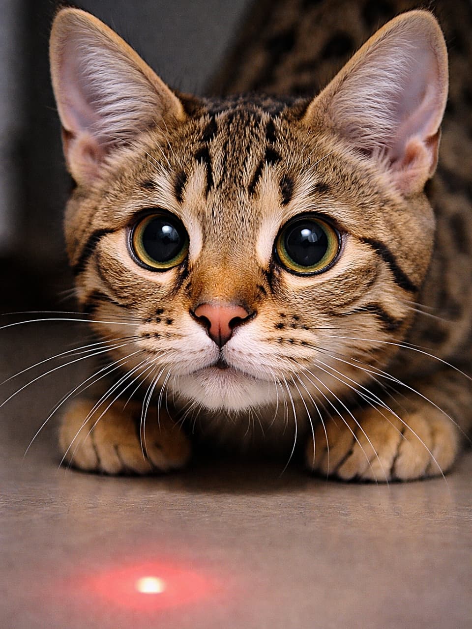 「赤い点に完全ロックオン！キリッと集中したω口とぷくぷくヒゲ袋がたまらない、サバンナ子猫のハンター顔✨」A photorealistic close-up of a Savannah kitten mesmerized by a red dot, with puffy whisker pads and a focused 'w' shaped cute feline mouth. 赤い点に夢中なサバンナ子猫のフォトリアルな接写。ふっくらしたヒゲ袋と集中したω口が特徴