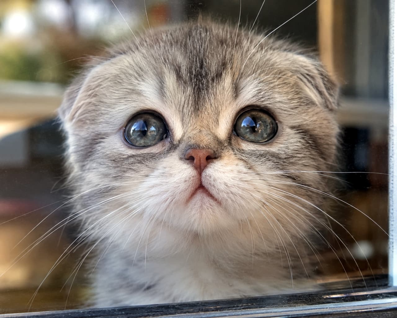 「お外が気になるのかな?🥺 窓辺の天使、発見!この口元のぷにぷに感、守ってあげたくなる愛らしさです💕」A high-quality photograph of a Scottish Fold kitten with grey fur and large eyes, looking out through a window. Its whisker pads are puffed up with curiosity, creating a lovely ω shape around its mouth. 窓ガラス越しに外を見つめる、垂れ耳のスコティッシュフォールド子猫。グレーの毛並みと大きな瞳が印象的。口元のウィスカーパッドが緊張と好奇心でぷっくりと盛り上がり、愛らしいωの字を描いている