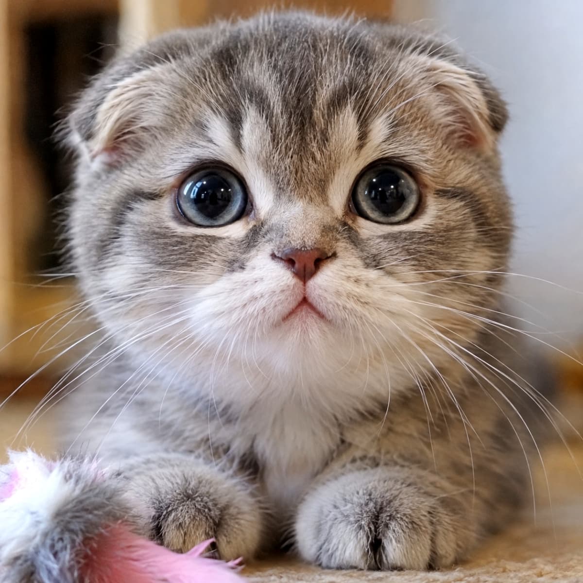 「遊んでほしいの?🥺 まん丸お顔に大きなおめめ、そしてωのお口!この可愛さには誰も抗えませんね🎯」Ultra-realistic high-quality photograph of a Scottish Fold kitten lying on the floor with a pink feather toy in the foreground. Its large blue-grey eyes sparkle on a round face, with puffy whisker pads forming a beautiful ω shape. 手前にピンク色の羽のおもちゃが置かれた床で伏せる、垂れ耳のスコティッシュフォールド子猫の高品質写真。まん丸の顔に大きな青灰色の瞳が輝き、ウィスカーパッドがふっくらとした美しいωの形を作っている