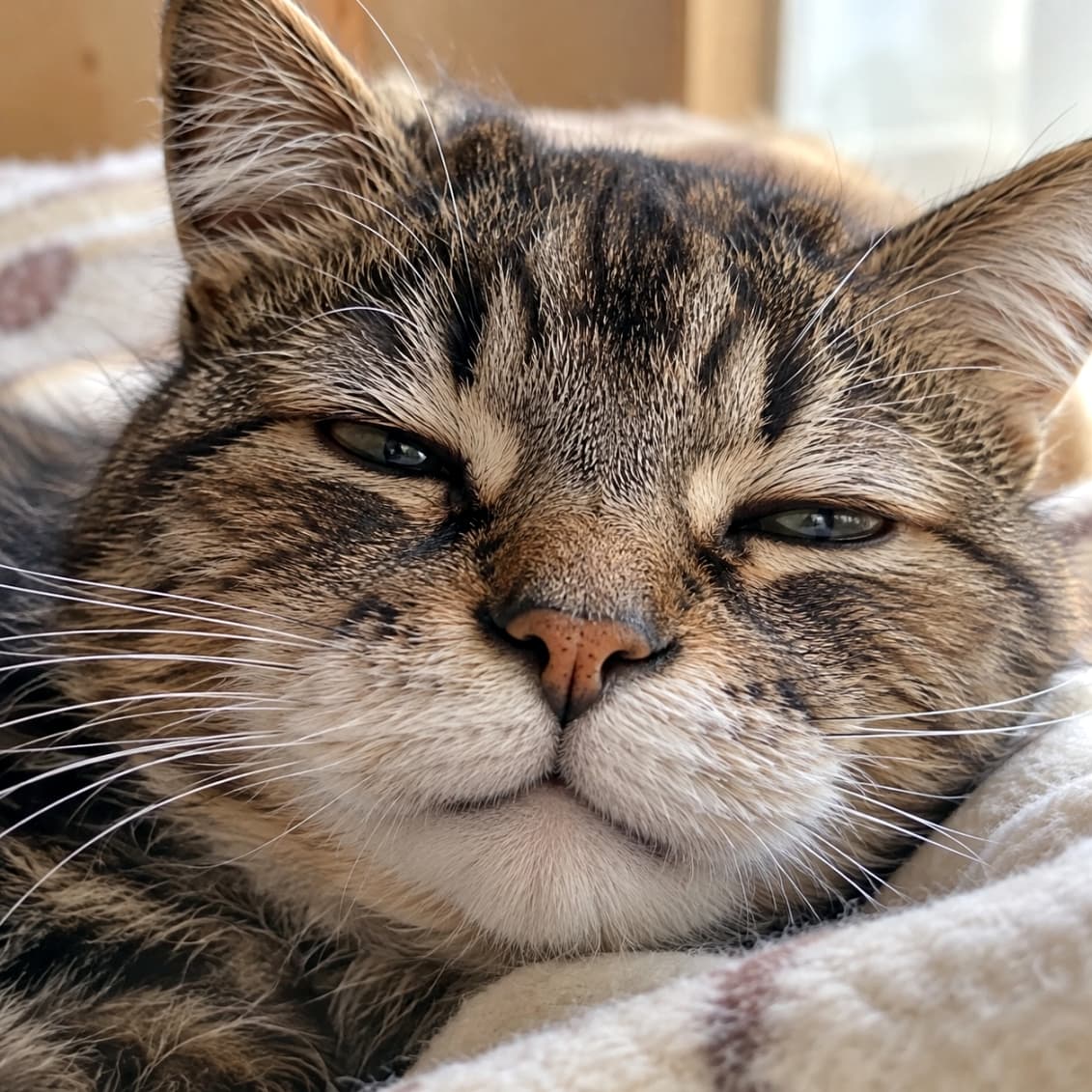 「もう限界ニャ…💤 眠気と戦うおめめと、見事なまでにだらんと脱力したωのお口が愛おしすぎます💕」Ultra-realistic close-up photograph of a sleepy tabby cat resting its face on a soft blanket, eyes narrowed. Its detailed brown tabby fur and the deeply relaxed, wide ω-shaped whisker pads are exceptionally adorable. 柔らかな毛布に顔をうずめ、極限まで目を細めて眠気に耐えるキジトラ猫の超リアルなアップ写真。ブラウンタビーの緻密な毛並みと、リラックスして重力に任せて横に広がった立派なω形のウィスカーパッドが非常に愛らしい