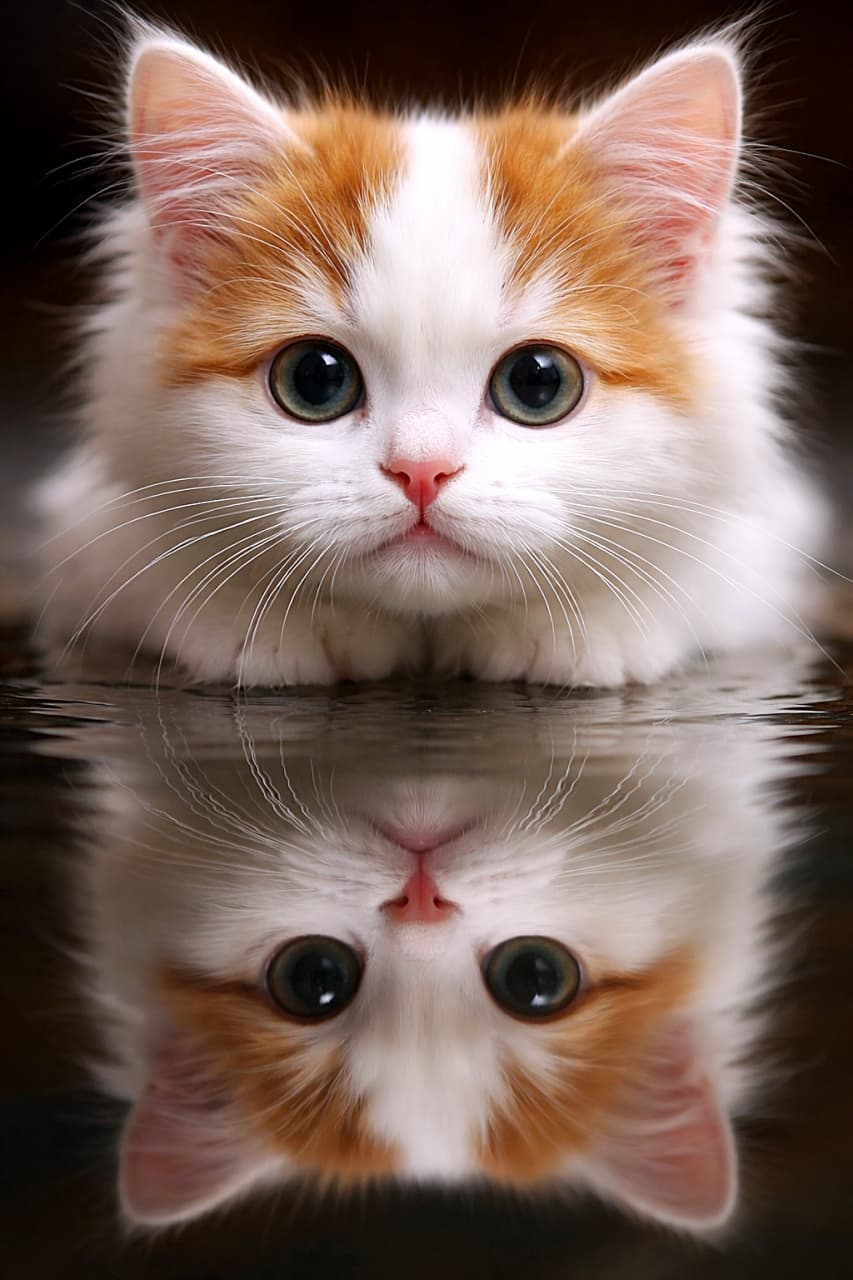 「水面に映る“もうひとりの自分”にドキッ。ふわふわほっぺとw字のお口で、好奇心が止まらない瞬間をぎゅっと切り取った一枚🐾」A photorealistic close-up of a Turkish Van kitten gazing at its reflection in still water, highlighting its puffy whisker pads and curious 'w'-shaped pouty mouth. 静かな水面に映る自分の姿を見つめるターキッシュバンの子猫のフォトリアルな接写。ふっくらしたひげ袋と好奇心あふれる“w字口”が際立つ