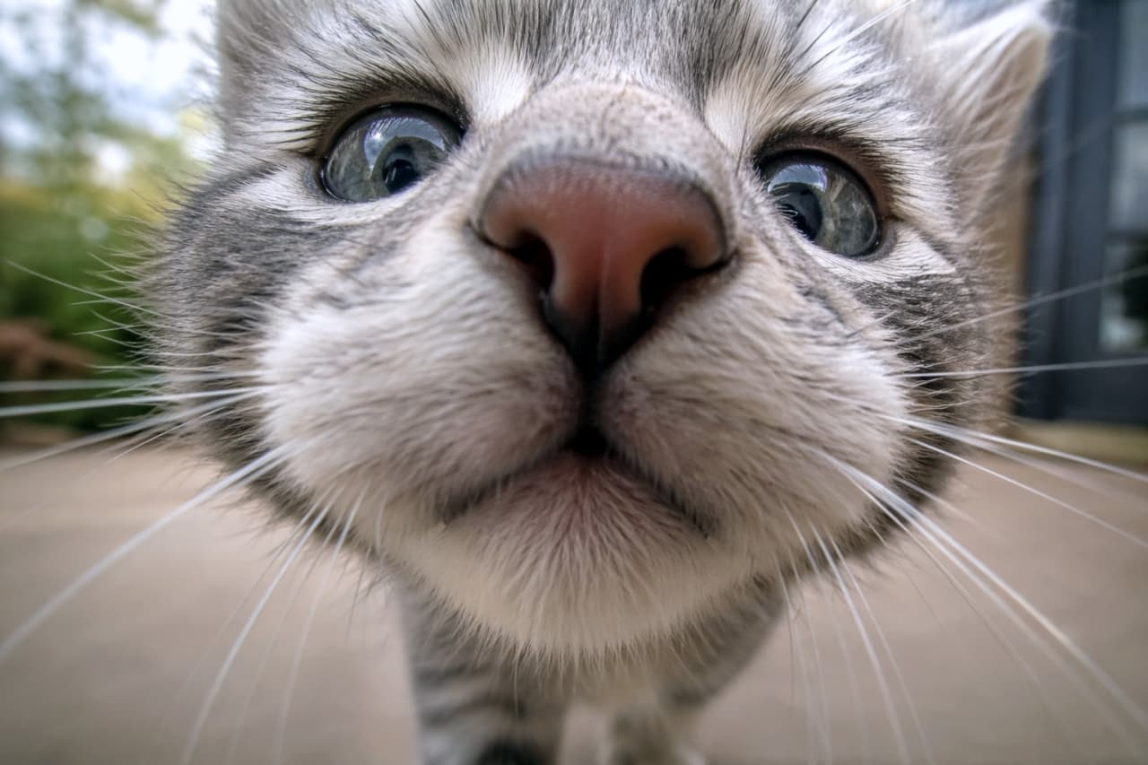 「近すぎ近すぎ〜！😂 画面から飛び出してきそうなドアップに思わず笑顔になっちゃう🐈💨 #ドアップ #猫好き」Ultra-realistic high-quality extreme close-up photograph of a silver tabby kitten's face, almost touching the lens. The wide-angle shot emphasizes its round eyes, full muzzle, and whiskers. カメラのレンズに鼻先がくっつきそうなほど近づいた、サバトラ子猫の顔の極端なクローズアップ写真。まん丸の目と豊かなヒゲ、ふくらんだマズルが強調されています