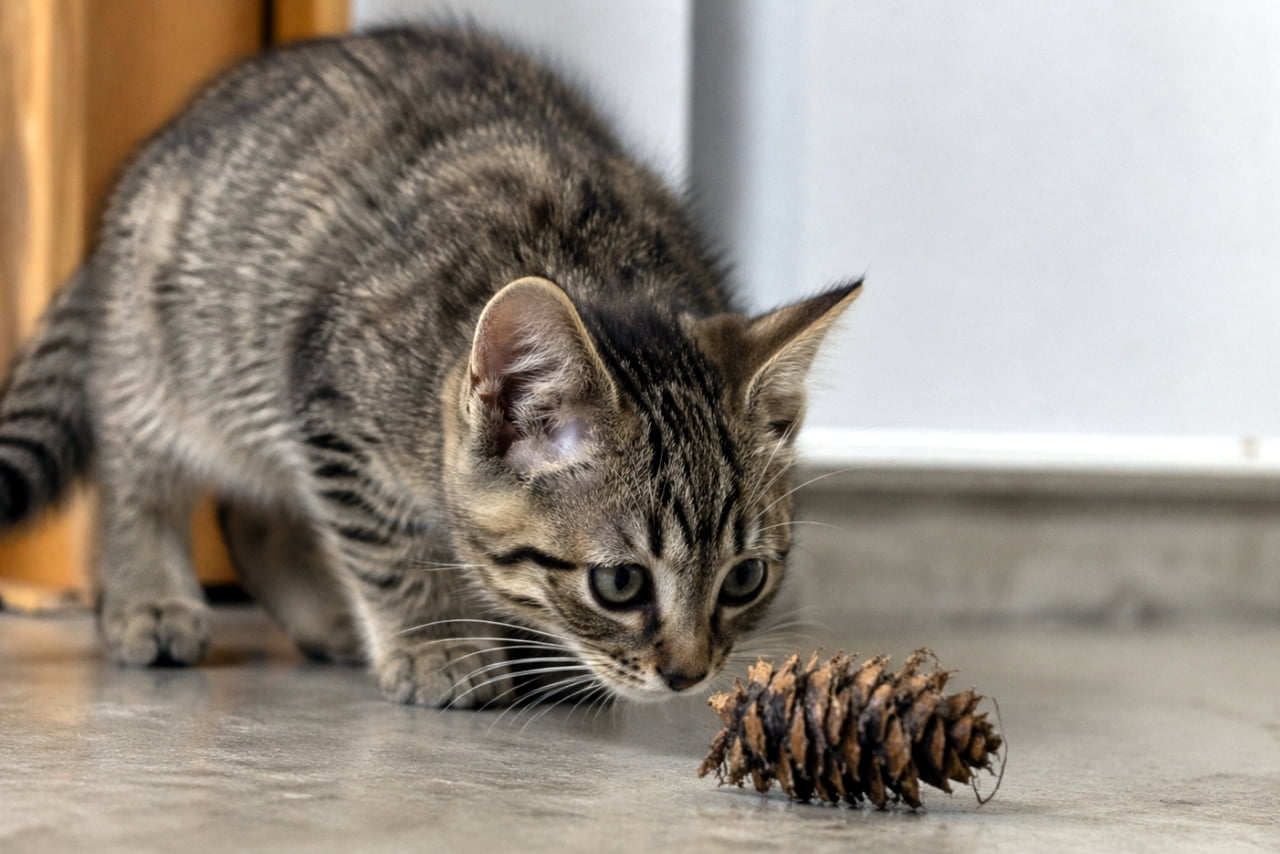 「これなんだにゃ？🌲松ぼっくりに興味津々な子猫の真剣な横顔にキュンとしちゃう😻✨ #子猫 #猫のいる暮らし」Ultra-realistic high-quality photograph of a curious tabby kitten looking closely at a pinecone on the floor in a bright room. 床に置かれた松ぼっくりに興味津々で近づき、じっと見つめるキジトラ子猫の超リアルな高画質写真。背景はシンプルで明るい室内
