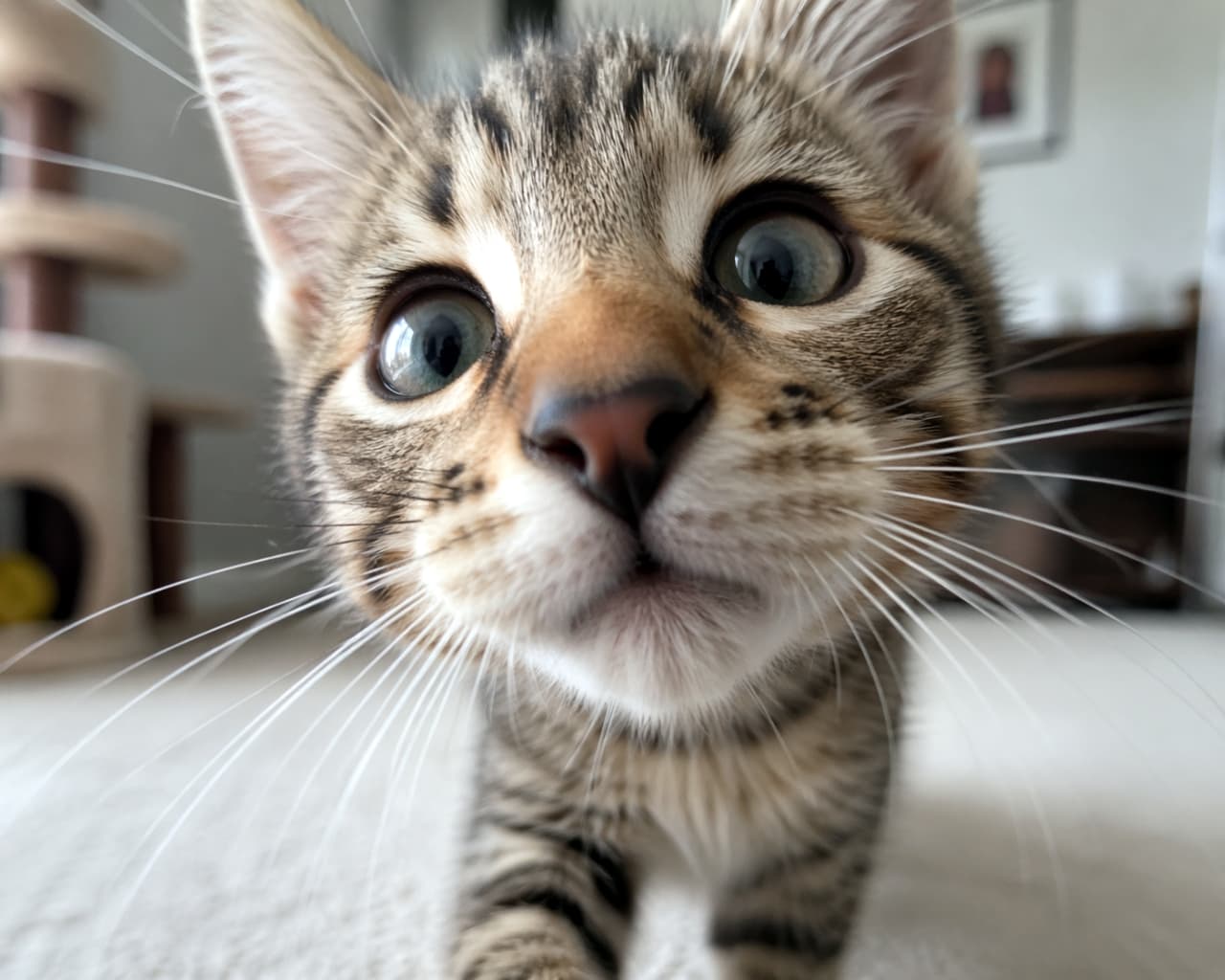 「「ねえねえ、それ何〜？📷✨」って声が聞こえてきそう😆 好奇心いっぱいの大きなおめめが最高！💖 #猫のいる生活 #鼻デカ猫」Ultra-realistic high-quality wide-angle photograph of a curious tabby kitten leaning in to peek at the camera. The subtle distortion creates a comical and adorable close-up of its face. カメラに顔を近づけてのぞき込む、好奇心旺盛なキジトラ子猫。広角レンズ特有の鼻が大きく見えるコミカルなデフォルメ感が可愛らしい、室内で撮影された写真