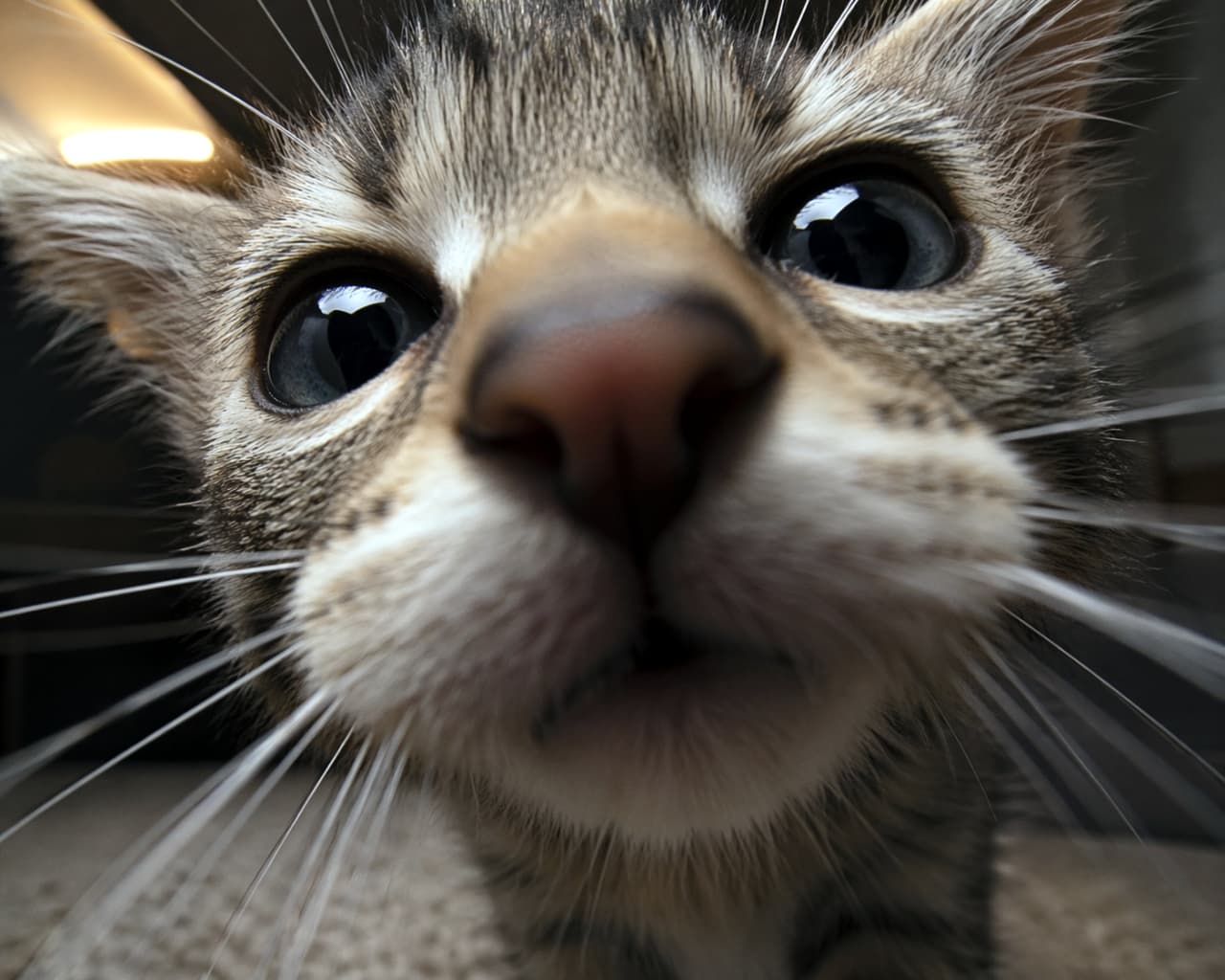 「近すぎにゃ！🐾カメラに興味津々で迫ってくるお顔がたまらないドアップショット📸💖 #猫好きさんと繋がりたい #にゃんすたぐらむ」Ultra-realistic high-quality extreme close-up photograph of a curious tabby kitten sniffing the camera lens, highlighting its big eyes and whiskers. カメラのレンズに顔を近づけてのぞき込む、キジトラ子猫の超接写写真。大きな瞳、ピンクの鼻、ヒゲの質感が強調された超リアルな高画質写真