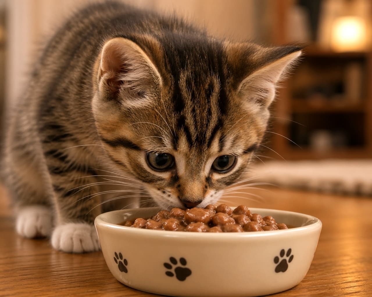 「おいしいにゃ〜🐾可愛い足跡マークのお皿で、今日も元気にご飯をペロリ！😋💖 #猫のご飯 #にゃんこ」Ultra-realistic high-quality photograph of a tabby kitten eating cat food from a cute bowl decorated with paw prints, in warm lighting. 肉球の模様が描かれた可愛いボウルから、キャットフードを食べるキジトラ子猫の超リアルな高画質写真。暖かみのある照明とリラックスした室内環