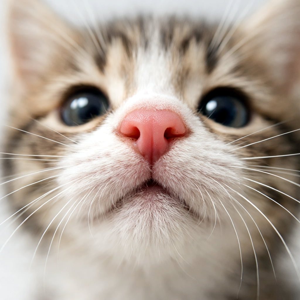 「桃色のお鼻に一目惚れ確定！💖クンクンしてくるこの距離感、心拍数急上昇間違いなしにゃ🐾 #子猫 #猫の鼻 #癒やし動画級の可愛さ」Ultra-realistic high-quality photograph of a kitten sniffing the camera in an extreme close-up, focusing on its adorable pink nose, delicate whiskers, and clear eyes with soft natural lighting and a clean background. カメラをクンクンと嗅ぐ子猫の超至近距離ショット。ピンク色の濡れた鼻先、繊細な白いヒゲ、澄んだ瞳が強調された、自然光の入る明るくクリーンな背景の超リアルな高画質写真
