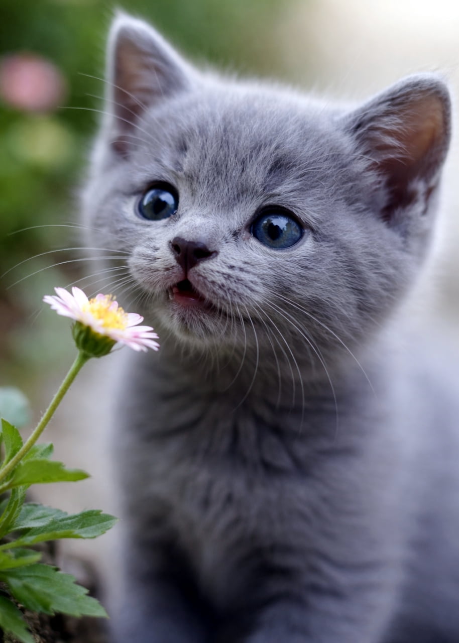 「くんくん…そのお花いい匂い？好奇心でω口になっちゃうロシアンブルー子猫、可愛さが完全にバグってます🌼」A photorealistic close-up of a 9-week-old Russian Blue kitten sniffing a small flower, its lips forming a curious omega shape, with soft natural light and a blurred green background. 小さな花の香りを嗅ぐ9週齢のロシアンブルーの子猫の接写。口元は好奇心いっぱいのω型で、柔らかな自然光と緑のボケ背景が広がる