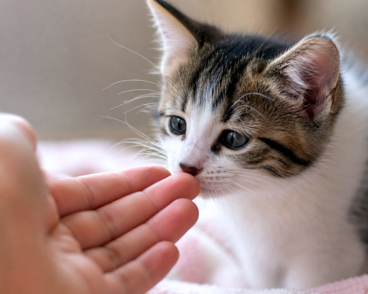 「はじめましてのクンクン挨拶🤝💕指先から伝わる温かい絆にほっこり癒される瞬間🐈✨ #猫との暮らし #猫の挨拶」Ultra-realistic high-quality photograph of a sweet tabby and white kitten gently sniffing a human finger, with a softly blurred background. 差し出された人の指先に優しく鼻を近づけて匂いを嗅ぐ、キジトラ白の子猫の超リアルな高画質写真。背景は柔らかくボケている