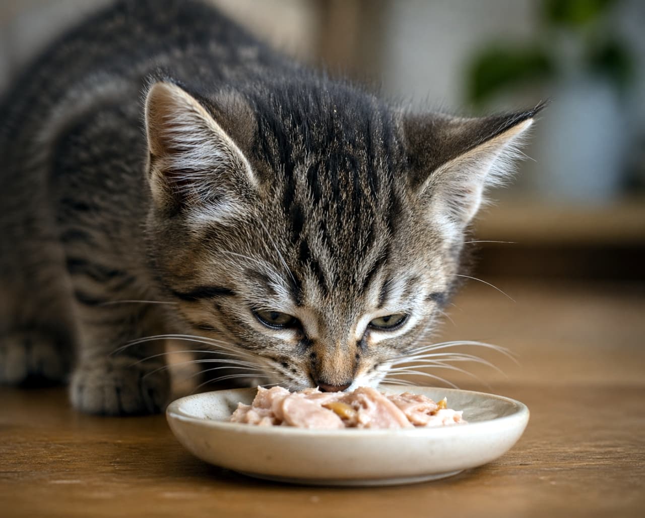 「もぐもぐタイム🍽️夢中でご飯を食べる姿が愛おしい💕いっぱい食べて大きくなってね🐈✨ #猫の食事 #子猫の成長」Ultra-realistic high-quality photograph of a cute tabby kitten earnestly eating wet food from a small plate on a wooden table. 木のテーブルの上で、平たいお皿に盛られたウェットフードを一生懸命に食べるキジトラ子猫の超リアルな高画質写真