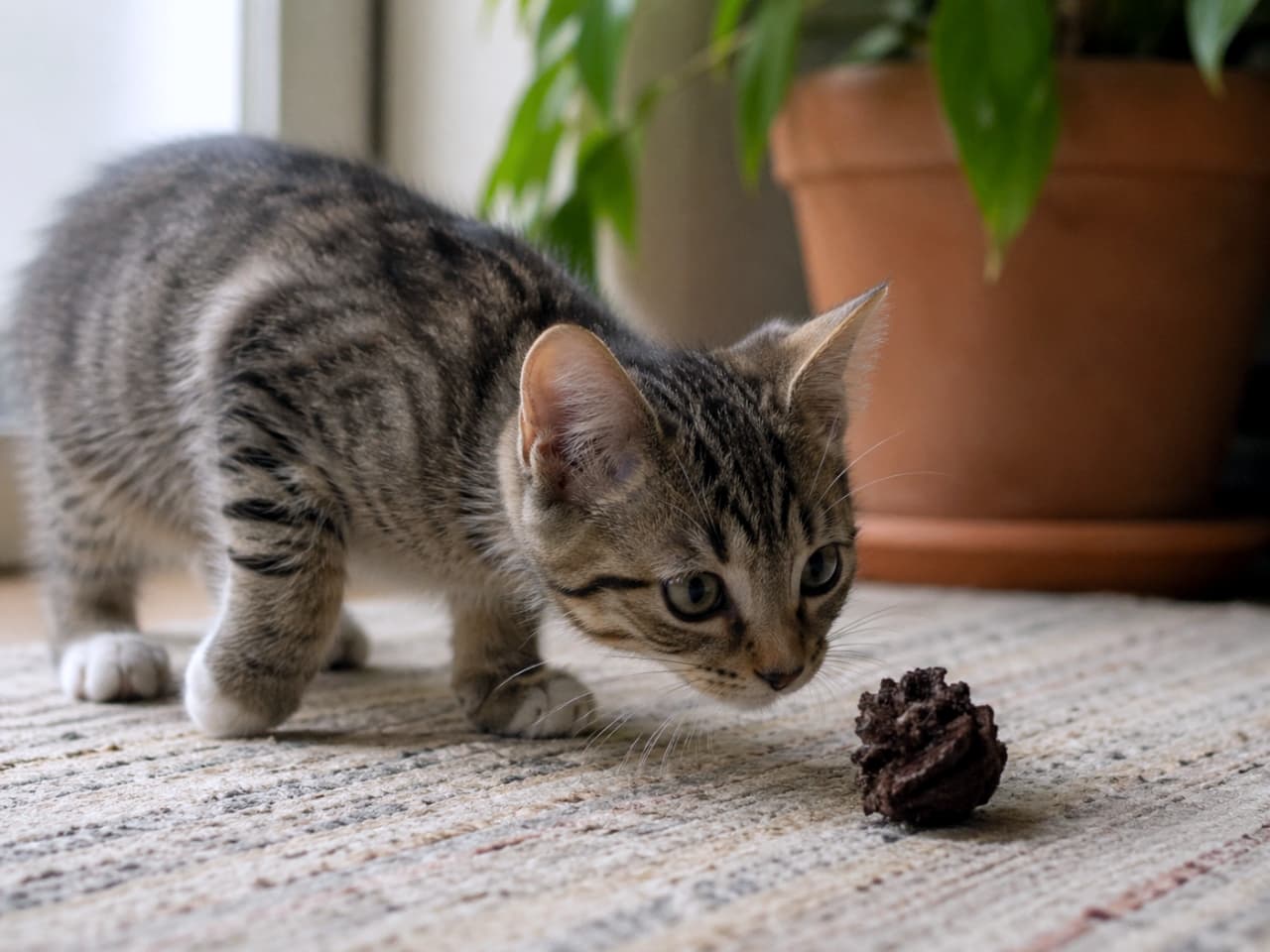 「これ、なんだろう？🐾小さな発見にドキドキな冒険家子猫ちゃんに遭遇💓 #子猫 #猫のいる暮らし」Ultra-realistic high-quality photograph of a tabby kitten with white paws intently investigating a small brown object on a rug, with a potted plant in the background. 室内でラグの上に置かれた小さな茶色の物体をじっと見つめる、白い足先が可愛いキジトラ子猫。背景には観葉植物の鉢植えがあり、柔らかな光が差し込んでいる超リアルな高画質写真