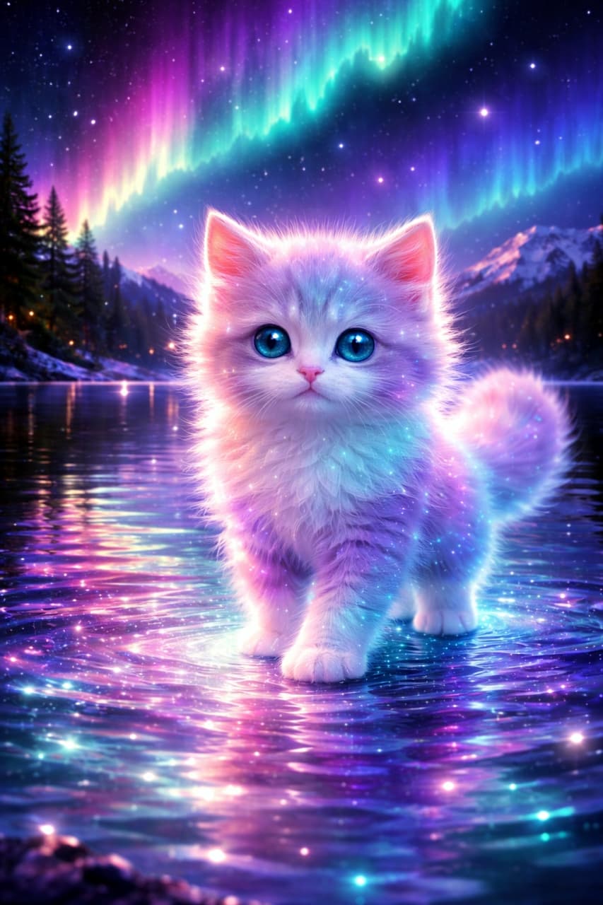 「オーロラが織りなす魔法の夜🌃 宇宙の星屑を集めてできたような神秘的な姿にうっとりです✨ #オーロラ #星空」Ultra-realistic high-quality photograph of a glowing pastel kitten standing on sparkling, star-like water under a vivid aurora night sky. 鮮やかなオーロラが輝く夜空と雪山を背景に、星屑のようにきらめく水面の上に立つ、パステルカラーに発光する子猫の幻想的な写真