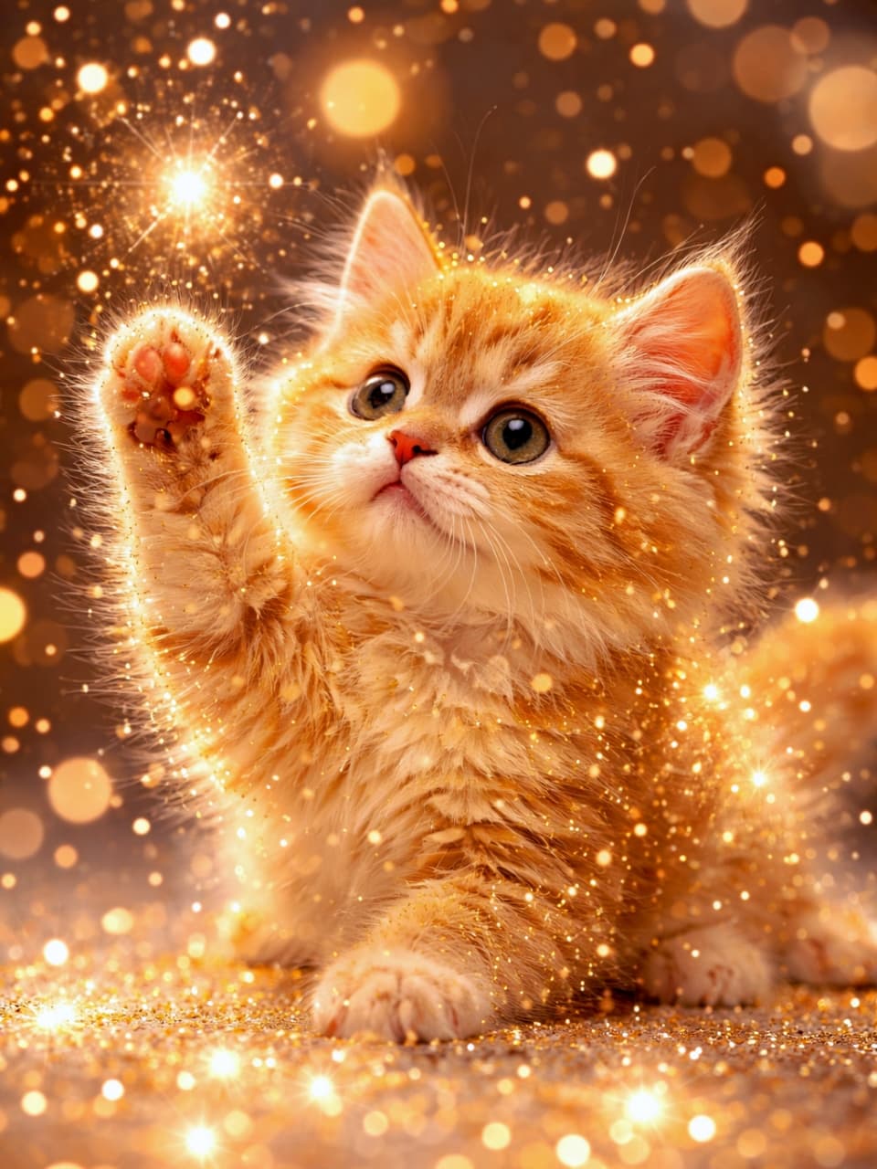 「黄金の魔法をキャッチしちゃうぞ🐾✨ キラキラの光とモフモフの奇跡のコラボレーション💛 #魔法の猫 #光の芸術」Ultra-realistic high-quality photograph of a fluffy golden kitten reaching its paw toward glowing magical sparkles floating in warm sunlight. 黄金色の暖かな光と宙を舞う無数の輝く火の粉の中で、前足を上げて光を掴もうとする茶トラの子猫の幻想的で高品質な写真