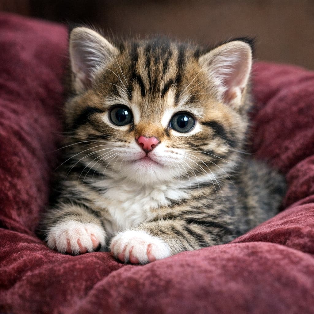 「ハートのお鼻にきゅん♡ふわふわ肉球の子猫ちゃん、ベルベットの夢の中でスヤスヤ♡」A baby kitten with a heart-shaped nose lies on a velvet cushion, showing tiny paws and fluffy fur. ベルベットのクッションに横たわる、ハート型の鼻を持つ子猫。ふわふわの毛並みと小さな肉球が愛らしい