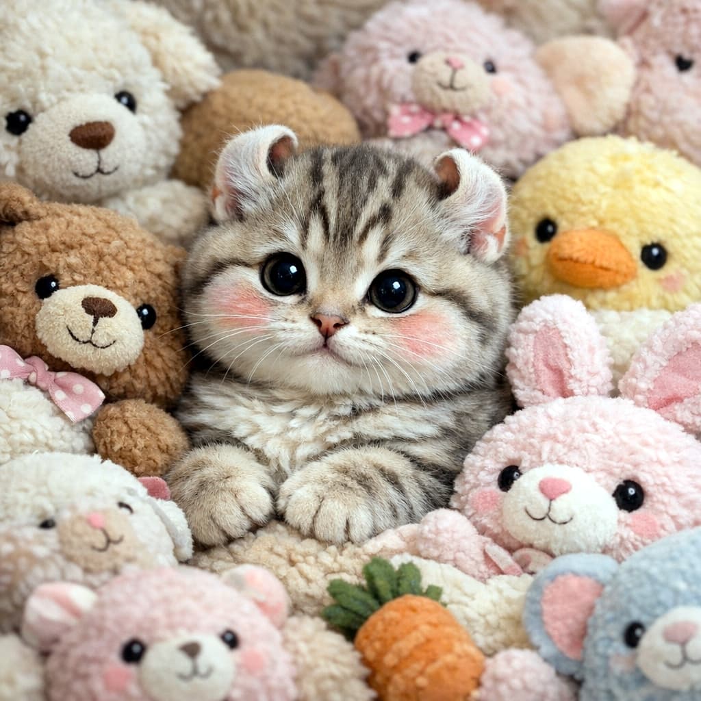 「ぬいぐるみたちに紛れてかくれんぼ🧸🍓 ほんのりピンクのほっぺが可愛すぎるアイドルにゃんこ🎀」A cute kitten with rosy cheeks surrounded by various pastel-colored stuffed animals. パステルカラーのたくさんのぬいぐるみに囲まれた、ピンク色のほっぺをした可愛い子猫