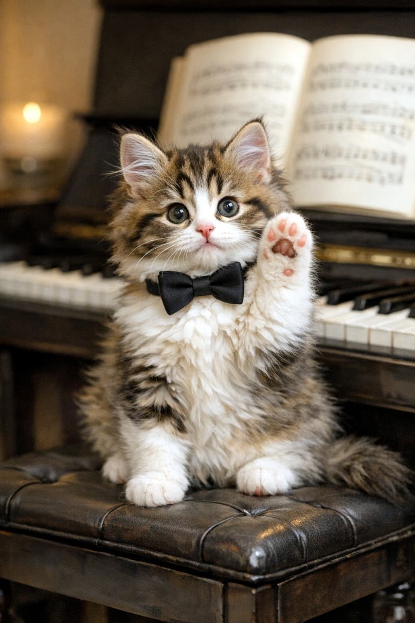 「蝶ネクタイでビシッと決めた天才ピアニストにゃんこ登場🎹✨ ピンクの肉球でご挨拶だよ🐾」A fluffy kitten wearing a black bow tie, sitting on a leather piano bench with one paw raised. ピアノの椅子に座り、黒い蝶ネクタイをして片手を可愛らしく挙げているふわふわの子猫