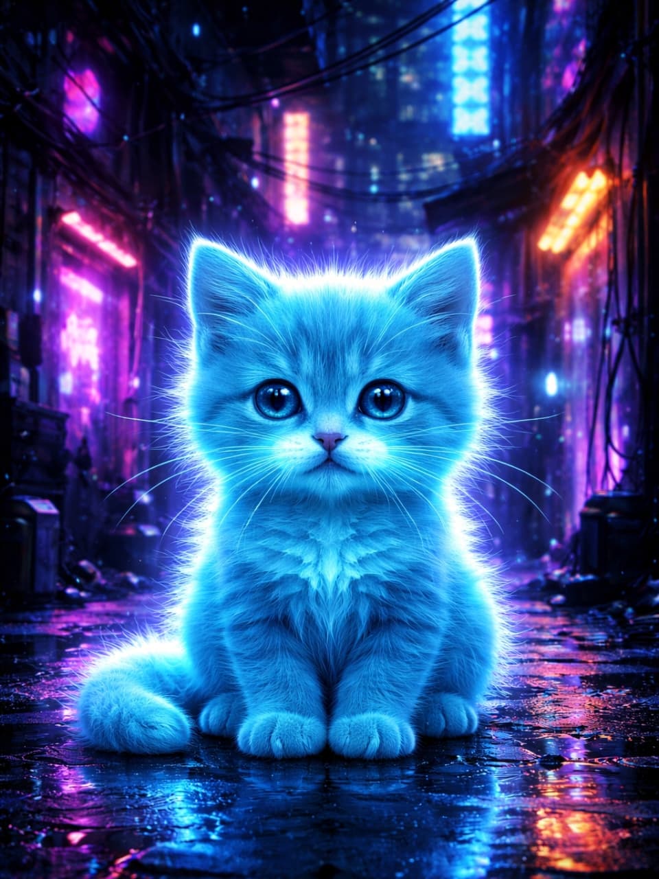 「ネオン輝く夜の街に舞い降りた青い天使🪽 サイバーパンクな世界観に惹き込まれます🏙️⚡ #サイバーパンク #ネオン」Ultra-realistic high-quality photograph of a glowing neon blue kitten sitting in a rain-slicked alleyway of a futuristic cyberpunk city. 雨に濡れた路面に鮮やかなネオンサインが反射する近未来の路地裏で、青く発光しながらお座りをするサイバーパンク風の子猫の高画質写真