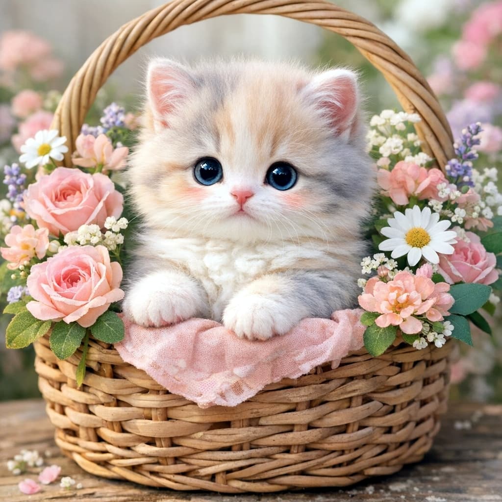「ふわもこ短足子猫が春の花かごにちょこん♪見つめる瞳に癒される、夢色のひととき♡」A fluffy pastel kitten with short legs and a big head, sitting in a flower basket surrounded by spring blooms. 花かごに座る、ふわふわで短足・大きな頭のパステル子猫。春の花々に囲まれた優しい雰囲気