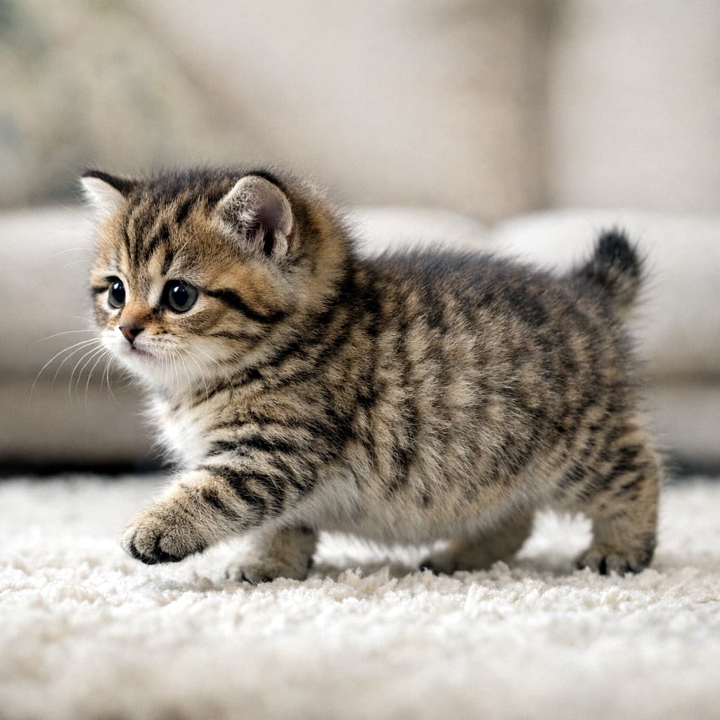 「よちよち歩きでどこへ行くの？🐾 モフモフな短い足とちっちゃなシッポがたまらないね💕」A small, fluffy tabby kitten walking to the left on a soft white carpet. 白いふかふかのカーペットの上を左に向かって歩く、小さくてふわふわなキジトラの子猫