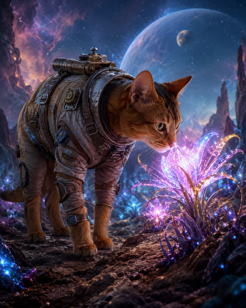 「未知の星で不思議な植物を発見！🐾✨ クンクン匂いチェックは宇宙でも欠かせません🛸 #宇宙探検 #猫部」Ultra-realistic high-quality photograph of an  adult Abyssinian cat in a spacesuit sniffing a glowing, mystical plant on an alien planet, with a giant planet floating in the background. レトロフューチャーな宇宙服を着たアビシニアンが、未知の惑星で青や紫に発光する神秘的な植物の匂いを嗅いでいる超高画質な実写風画像。背景には巨大な惑星が浮かんでいる