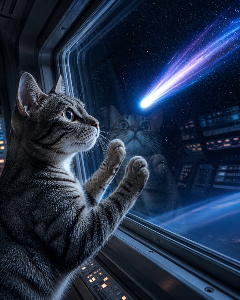 「あ！お星さまが流れたニャ！🌠宇宙船の窓から見える神秘的な景色に、思わず釘付けになっちゃうね🐾💙」Ultra-realistic high-quality photograph of an adult American Shorthair cat looking out a spaceship window at a bright blue comet, with its reflection visible on the glass. 宇宙船の窓から外を覗き込み、青く光る彗星を見つめるアメリカンショートヘア猫。窓ガラスには猫の顔が反射しているリアルな高画質画像