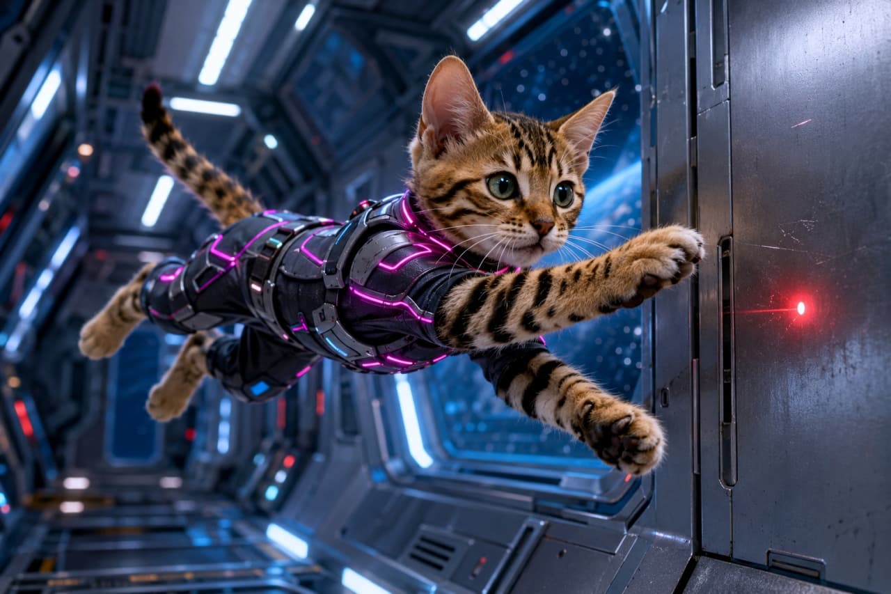 「ターゲット発見！宇宙に来ても、あの赤い光だけは見逃せないにゃー！💨🔴 #ベンガル猫 #レーザーポインター」Ultra-realistic high-quality photograph of a Bengal cat in a sleek black and pink sci-fi suit, leaping to catch a red laser pointer dot on the wall of a spaceship corridor. スタイリッシュな黒とピンクのSFスーツを着たベンガル猫が、宇宙船の通路で壁の赤いレーザーポインターの光を追いかけて飛びかかっている高画質写真