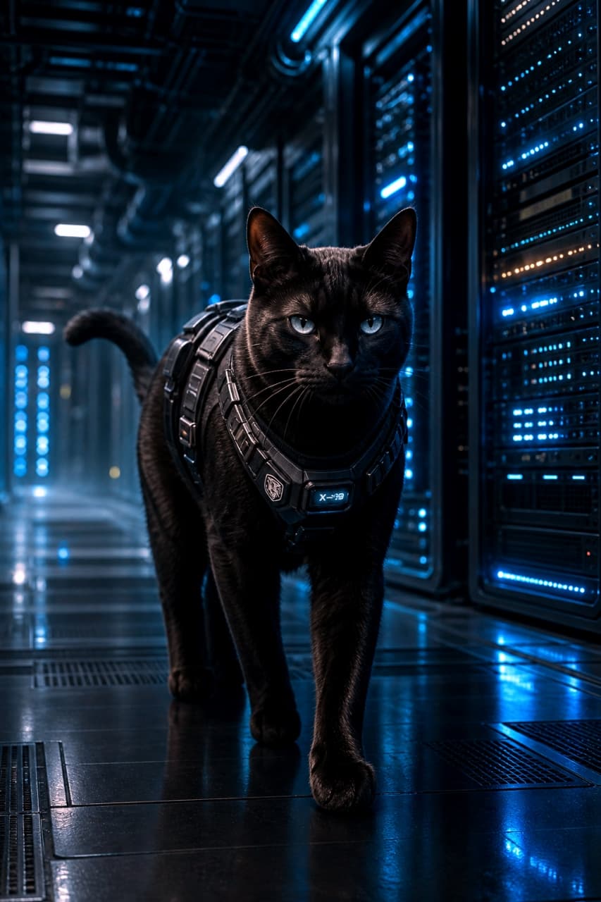 「サイバー空間のセキュリティは任せるニャ！🔒✨青く光るサーバールームをパトロール中のクールな黒猫エージェント🐈‍⬛💙」Ultra-realistic high-quality photograph of a majestic black cat wearing a futuristic tactical harness walking down the aisle of a glowing blue server room. 青い光が点滅する近未来的なサーバールームの通路を、メカニカルなタクティカルハーネスを装着して歩く凛々しい黒猫