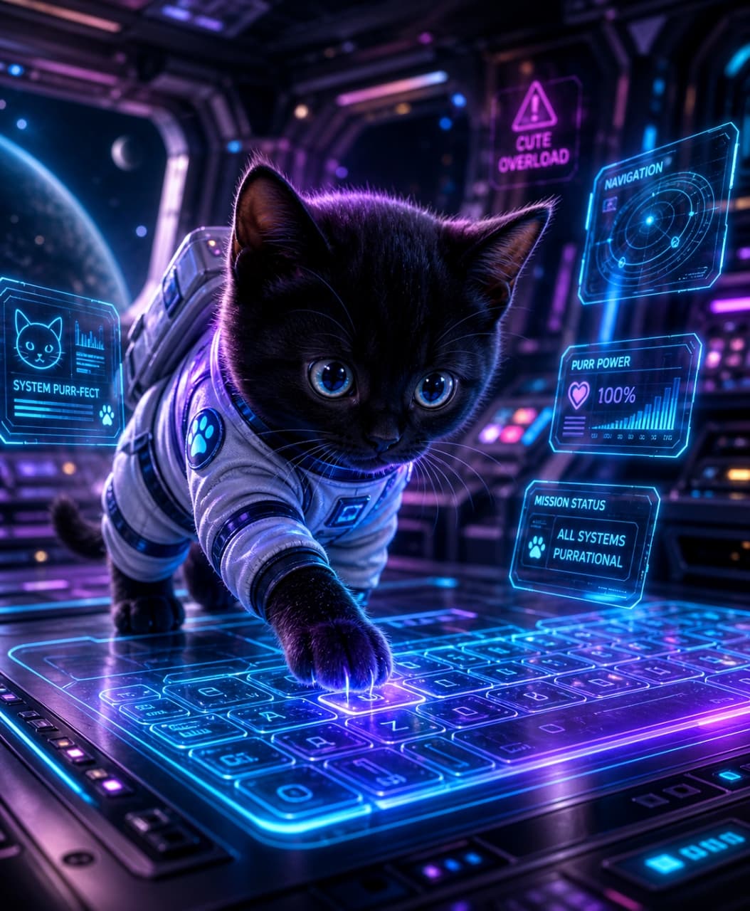 「システム・パーフェクトにゃ🐾 最新鋭の宇宙船のシステムは僕に任せて！💻✨ #サイバーパンク #黒猫」Ultra-realistic high-quality photograph of a black kitten in a spacesuit pressing a glowing holographic keyboard, surrounded by neon cyberpunk interfaces. ネオンカラーに光るホログラムキーボードを操作する、宇宙服を着た黒子猫の高画質写真。周囲には青や紫のサイバーパンク風のインターフェースが浮かんでいる
