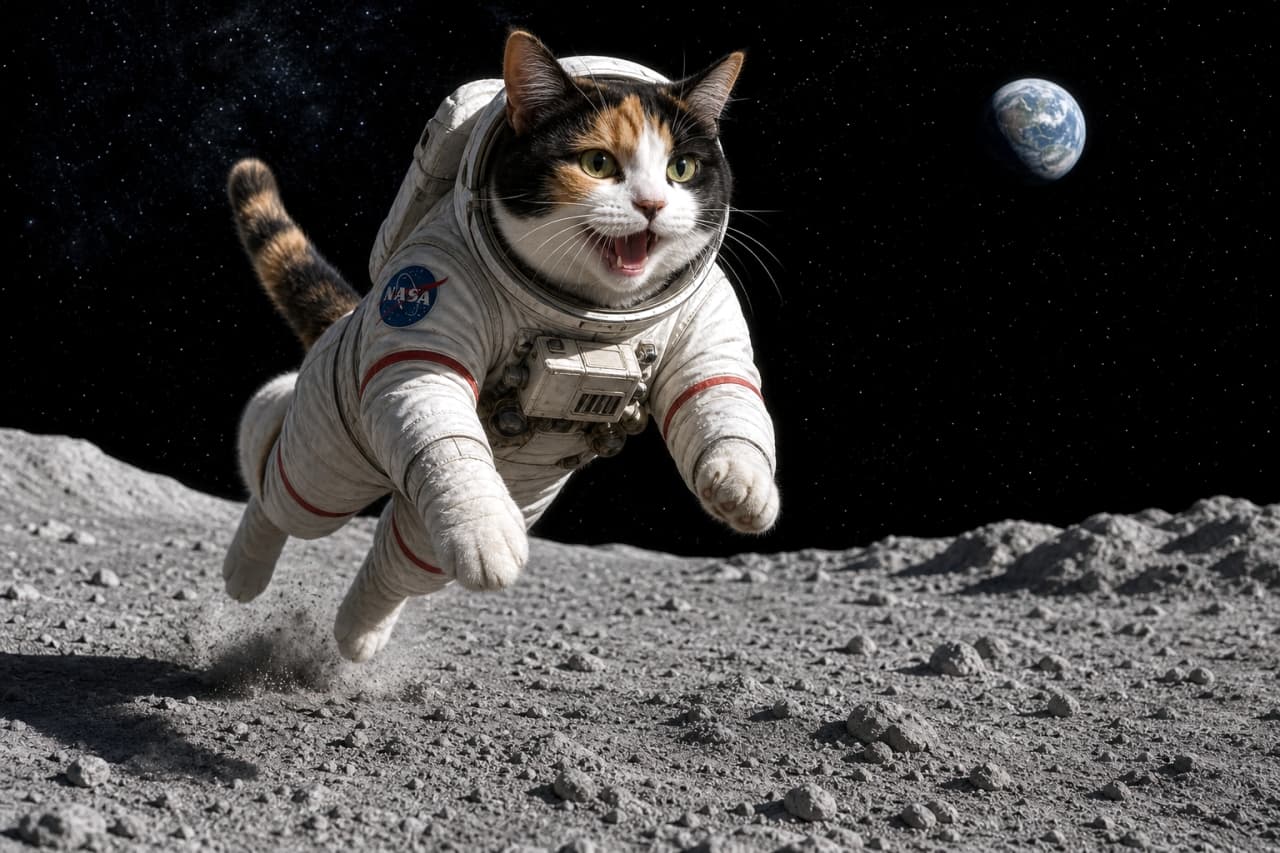 「月面着陸成功にゃ！🐾 重力が軽いから、こんなに高くジャンプできちゃうよ🚀🌕 #月面着陸 #三毛猫」Ultra-realistic high-quality photograph of a calico cat in a spacesuit leaping actively on the lunar surface, with the Earth visible in the dark space background. 宇宙服を着た三毛猫がクレーターのある月面を軽快にジャンプしている高画質写真。背景の暗い宇宙空間には青い地球が浮かんでいる