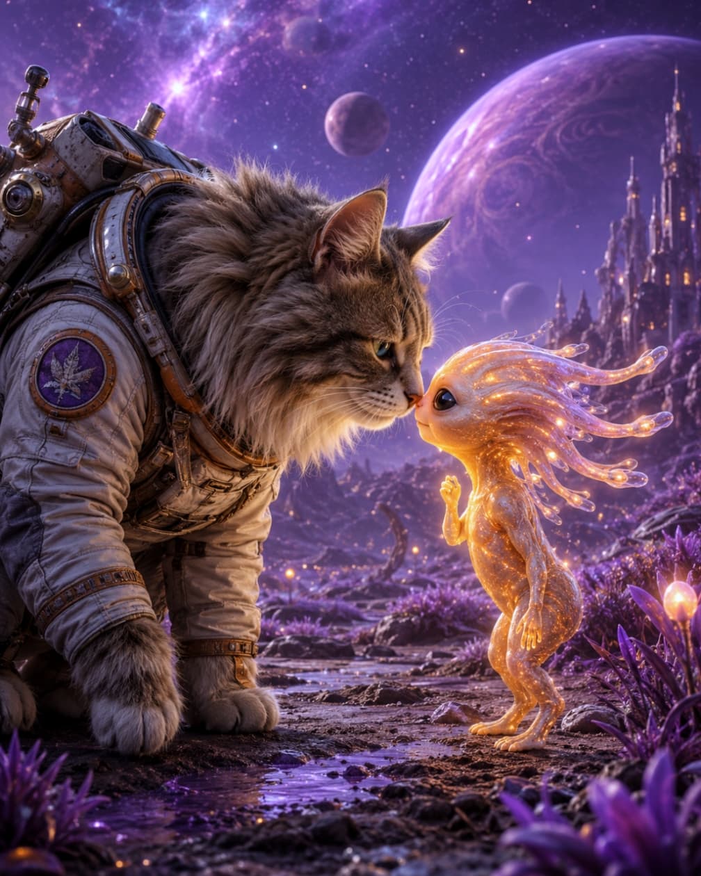 「言葉はいらないニャ🐱💫未知の星で見つけた、優しく光る小さなお友達との心温まる出会いの瞬間💜」Ultra-realistic high-quality photograph of a fluffy cat astronaut touching noses with a glowing orange small alien creature on a magical purple planet. 紫色の幻想的な惑星で、宇宙服を着た長毛種の猫が、オレンジ色に光る不思議な小さな宇宙人と鼻を近づけて挨拶をしているリアルな高画質画像
