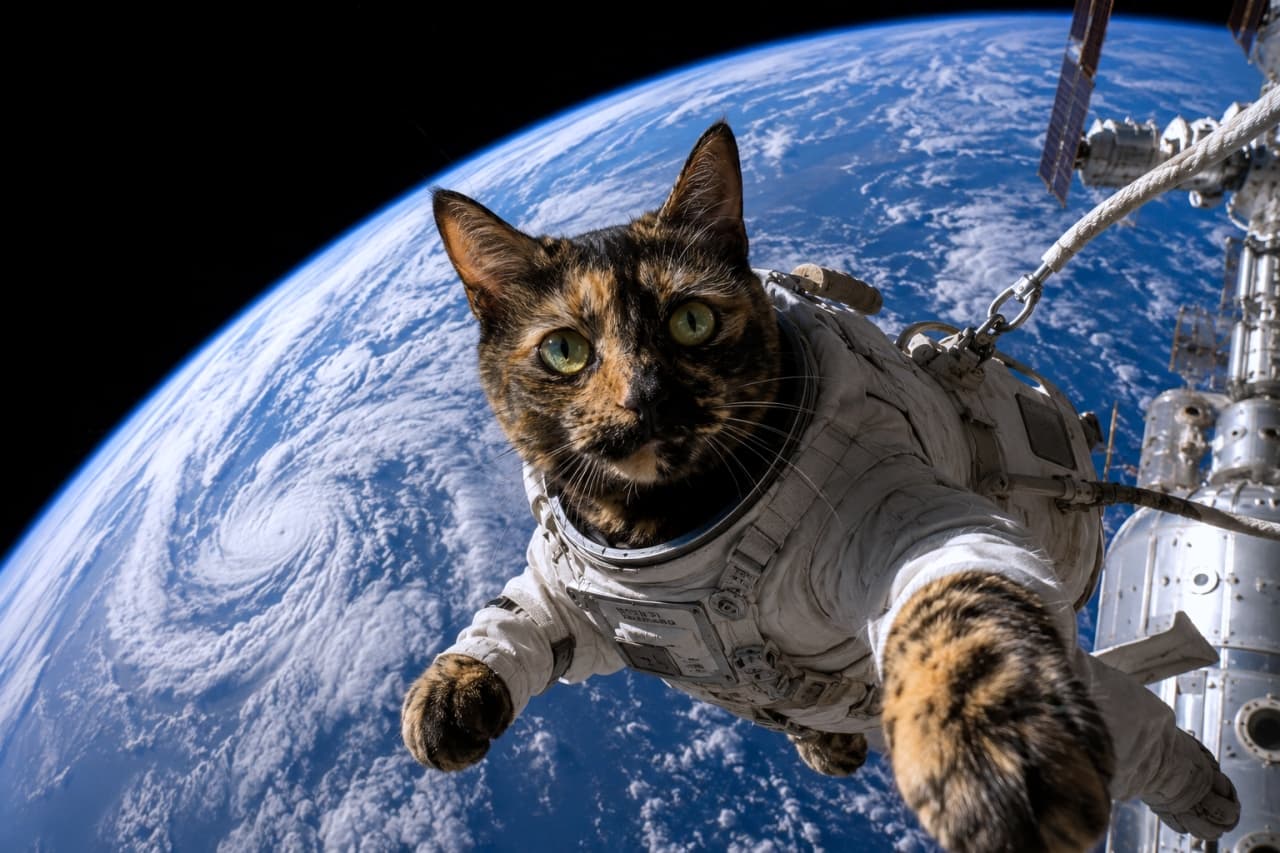 「地球をバックにハイチーズ📸✨宇宙空間をスイスイ泳ぐ猫宇宙飛行士の貴重なワンシーンをお届け！🚀🐾」Ultra-realistic high-quality photograph of a tortoiseshell cat astronaut spacewalking with Earth in the background, reaching towards the camera in a dynamic selfie-like composition. 地球を背景に宇宙空間を漂うサビ猫の宇宙飛行士。リアルな宇宙服を着てカメラに手を伸ばす自撮りのようなダイナミックな構図