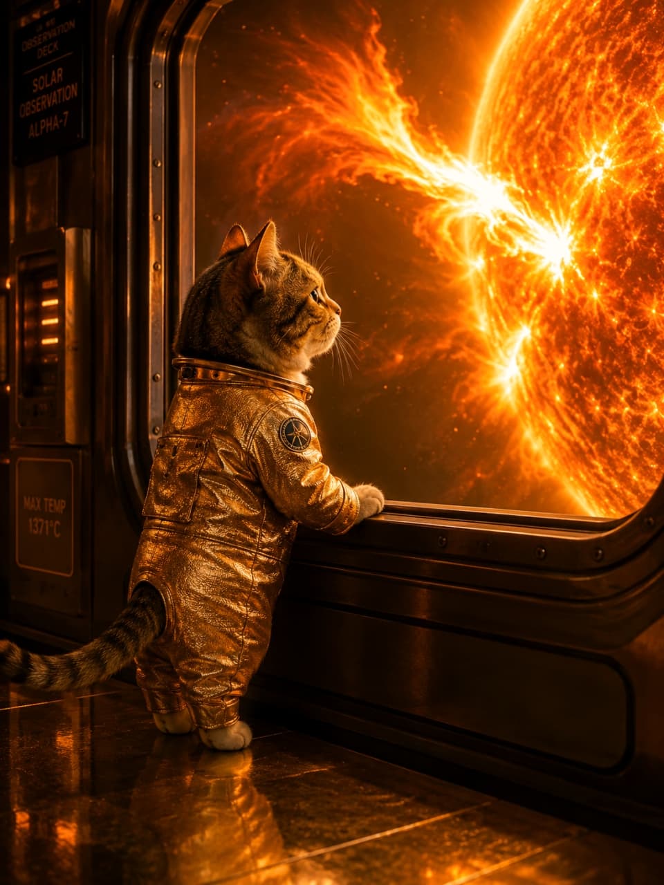「圧倒的な宇宙のパワーに釘付けニャ…🔥✨金色のスーツを着こなして、燃える星の観測任務にあたる猫船長🚀」Ultra-realistic high-quality photograph of a Munchkin cat in a golden spacesuit looking out a spaceship window at a massive, burning star or solar flare. 金色の宇宙服を着たマンチカン猫が、宇宙船の窓から燃え盛る巨大な太陽のような恒星を見つめている、重厚感のあるリアルな高画質画像