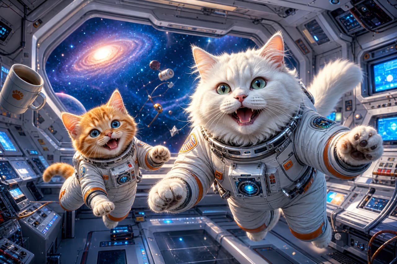 「「わ〜い、浮いてるにゃ！」😻✨ コーヒーカップも一緒にぷかぷか。元気いっぱいな宇宙の旅へいってきまーす！🛸💫」A vibrant, detailed cinematic shot of a cute orange tabby kitten and a fluffy white adult cat in high-tech white space suits, floating joyfully towards the camera in zero gravity. They are inside a highly detailed, bright spaceship, with a coffee mug featuring a paw print floating nearby, while a glowing spiral galaxy is visible through the large window behind them. ハイテクな白い宇宙服を着たキュートな茶トラの子猫とふわふわの白猫が、明るい宇宙船の船内でカメラに向かって楽しそうに無重力で浮かんでいる、鮮やかで詳細なシネマティックショット。すぐそばには肉球マークのマグカップが浮いており、背後の大きな窓からは輝く渦巻銀河と人工衛星のような物体が見えます