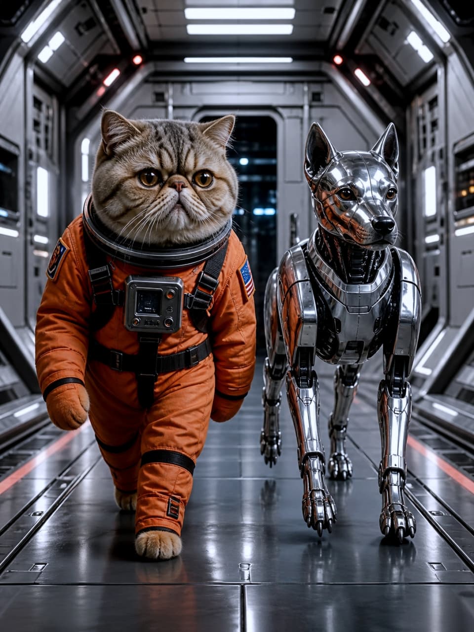 「頼れるメカドッグを相棒に、本日の船内パトロールに出発だにゃ🐾🚀 貫禄たっぷりの歩き方！ #エキゾチックショートヘア #宇宙飛行士」Ultra-realistic high-quality photograph of an Exotic Shorthair cat in an orange spacesuit walking confidently down a spaceship corridor alongside a metallic robot dog. オレンジ色の宇宙服を着たエキゾチックショートヘア猫が、メタリックなロボット犬と一緒に宇宙船の通路を堂々と歩いている超高画質な実写風画像