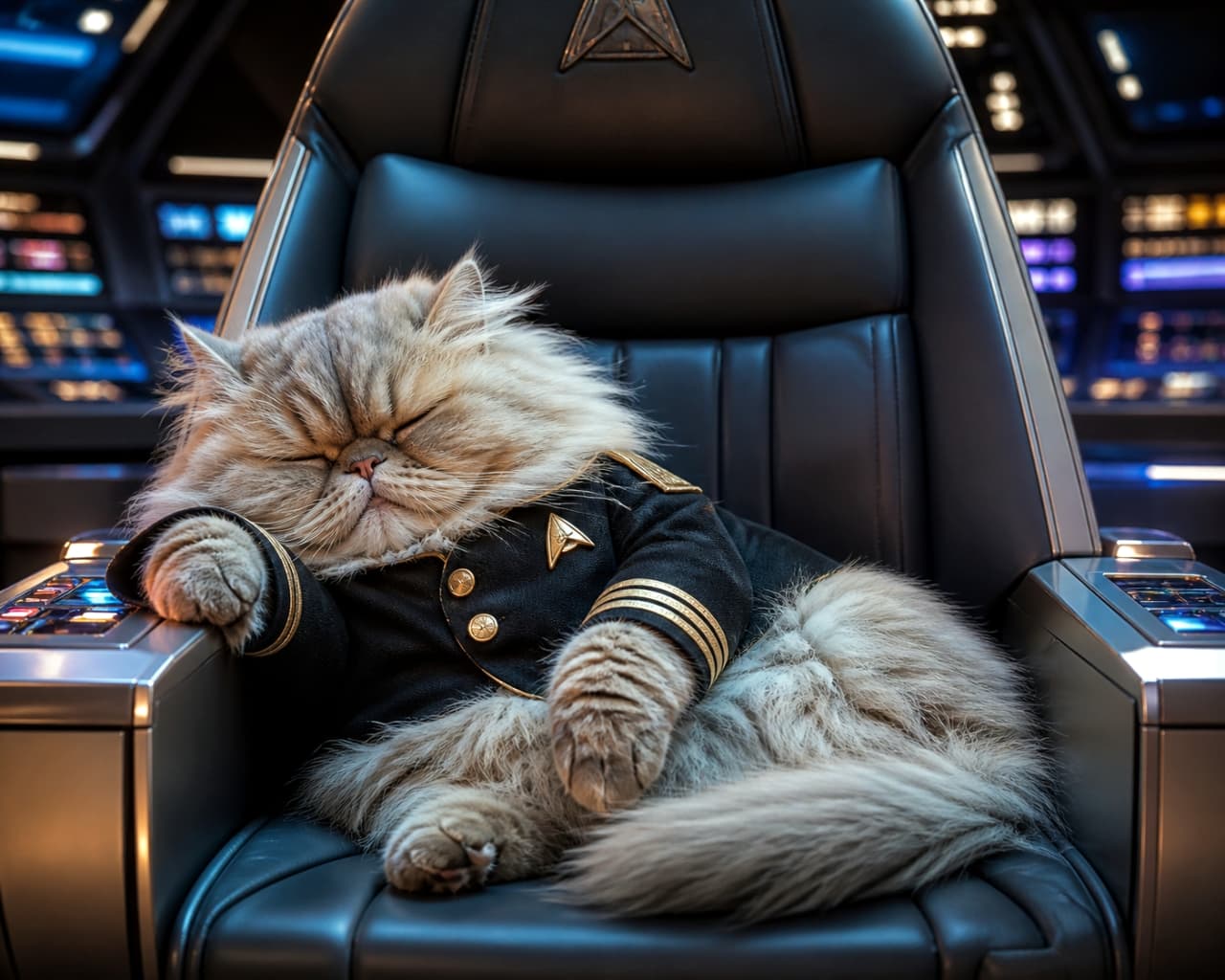 「銀河の平和は守ったから、ちょっとお昼寝するにゃ…艦長はお疲れモード💤🌌 #猫艦長 #お昼寝」Ultra-realistic high-quality photograph of a fluffy Persian cat wearing a black and gold sci-fi uniform, sleeping peacefully in a captain's chair on a spaceship bridge. SF映画のような宇宙船の艦長席で、黒と金の制服を着て居眠りしているもふもふのペルシャ猫の高画質写真