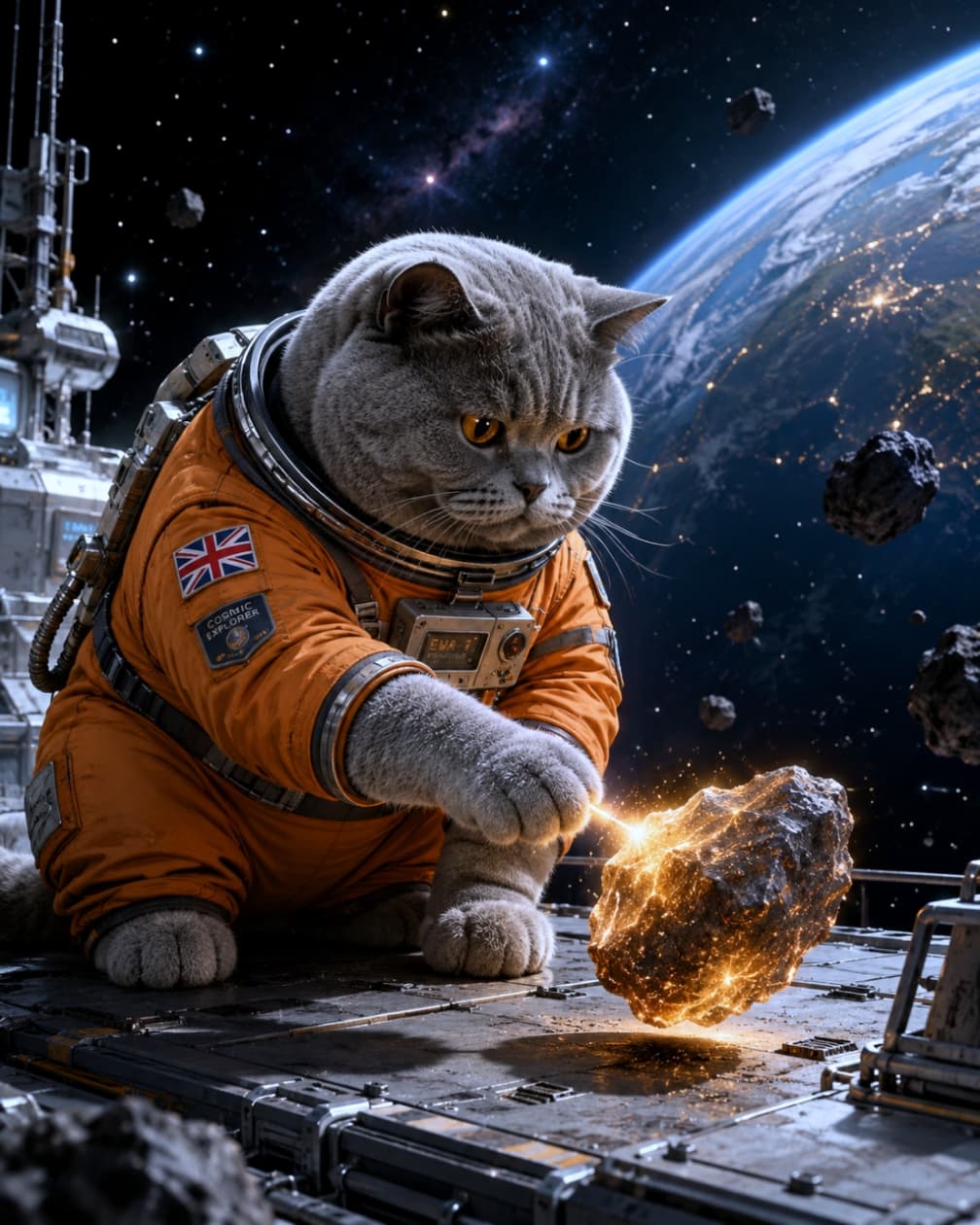「未知との遭遇にゃん！？🐾 宇宙のお散歩で見つけた不思議な光る石✨🌍 #宇宙探検 #ブリティッシュショートヘア #宇宙ねこ」Ultra-realistic high-quality photograph of a chubby grey cat in an orange spacesuit with a UK flag patch, reaching out to touch a glowing meteorite in outer space, with a stunning view of Earth and stars in the background. オレンジ色の宇宙服（イギリス国旗のワッペン付き）を着たふくよかなグレーの猫が、宇宙空間で光り輝く隕石に前脚を伸ばして触れている、超高画質でリアルな写真。背景には美しい青い地球と無数の星々が広がっている