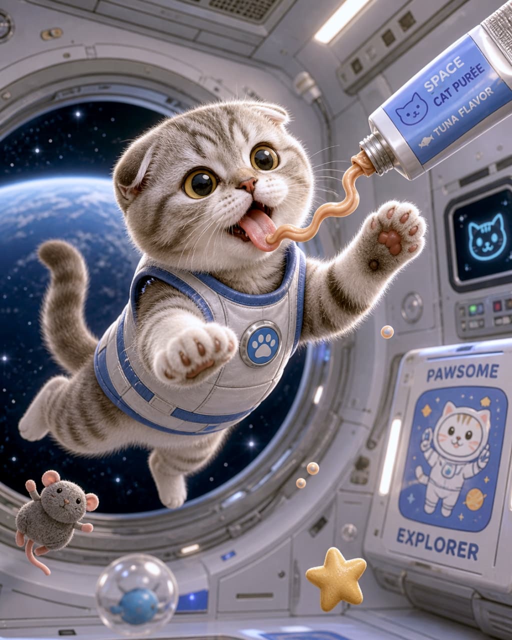 「宇宙でもおやつタイムは欠かせないにゃ🤤 ぷかぷか浮かぶちゅ〜るをキャッチ！🐟✨ #おやつタイム #宇宙猫」Ultra-realistic high-quality photograph of a kitten floating in zero gravity inside a spaceship, catching tuna puree from a tube with its tongue, surrounded by floating toys. 宇宙船の中で無重力で浮かびながら、チューブから飛び出したツナ味の猫用ピューレを舐める子猫の高画質写真。周囲にはネズミのおもちゃや星型のクッキーが浮いている