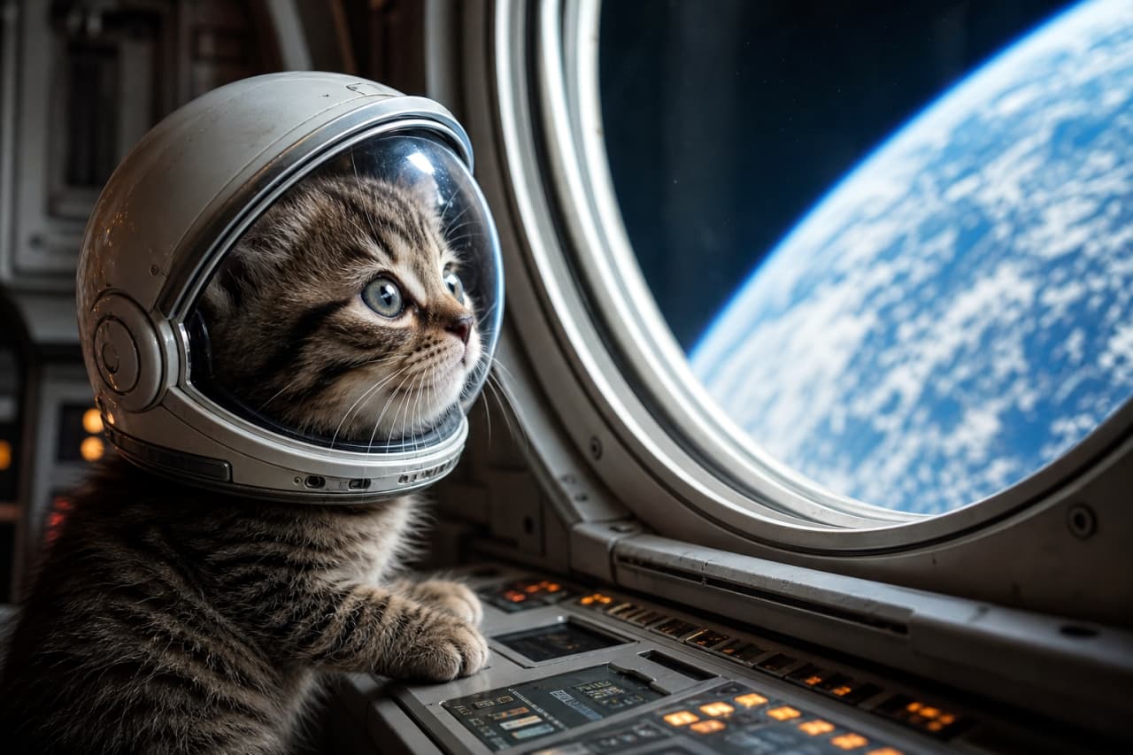 「初めての宇宙旅行にドキドキ🐾 窓の向こうには青い地球が広がってるにゃ🌍✨ #宇宙猫 #子猫」Ultra-realistic high-quality photograph of a tabby kitten wearing a space helmet, looking at the blue Earth through a round spaceship window. 宇宙船の丸い窓から青い地球を見つめる、宇宙服のヘルメットを被ったキジトラ子猫の高画質写真