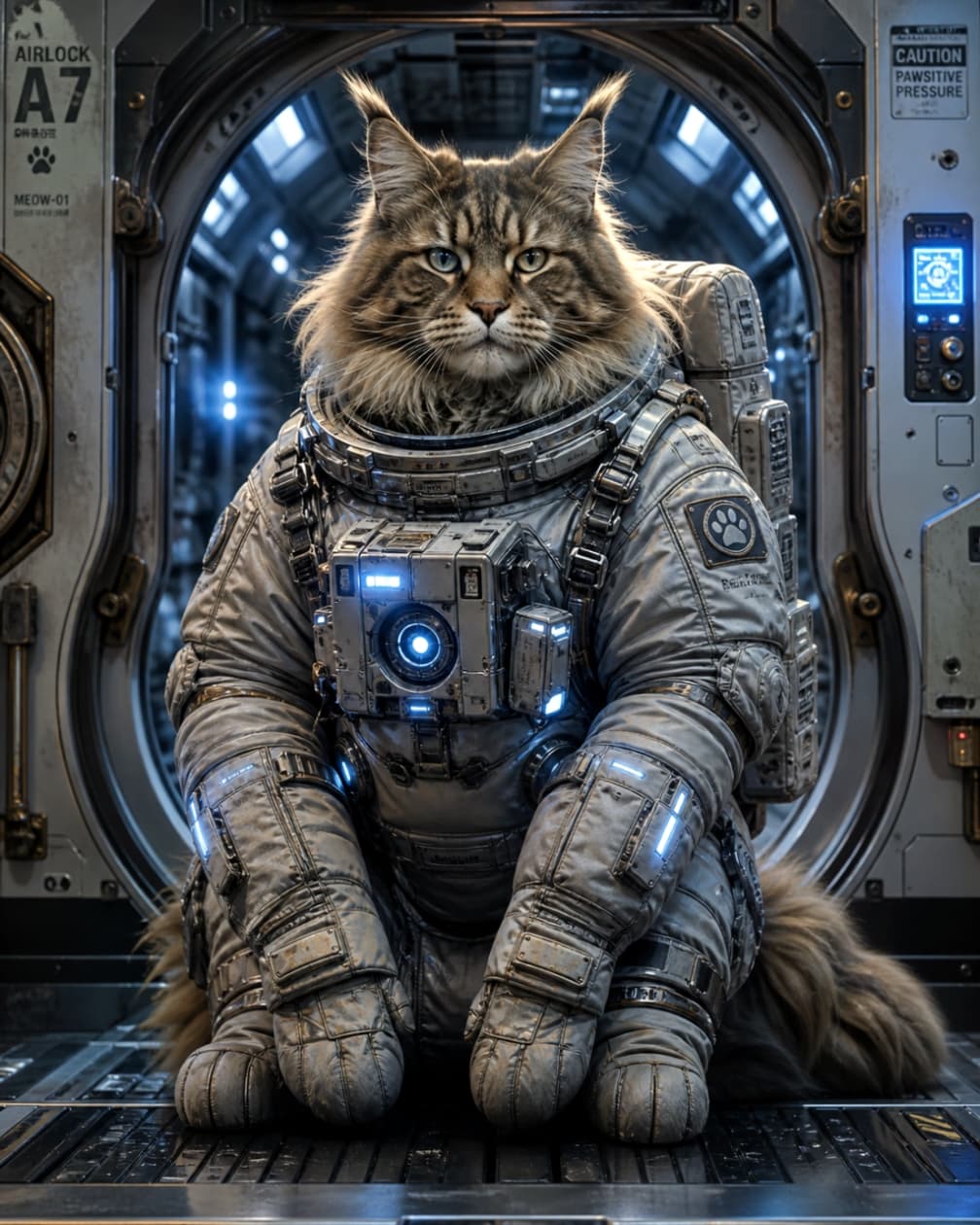 「船外活動の準備は万端だにゃ。この重厚な宇宙服、なかなか似合ってるでしょ？😼✨ #メインクーン #SFの世界」Ultra-realistic high-quality photograph of a majestic Maine Coon cat wearing a heavy, detailed spacesuit, sitting calmly in a spaceship airlock corridor. 重厚な宇宙服に身を包み、宇宙船のエアロックの前で堂々と座っているメインクーンの高画質写真。メカニカルで精巧なディテールが特徴的