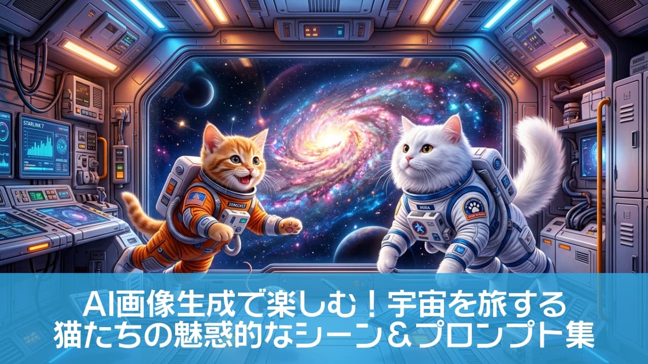 「宇宙船でぷかぷか無重力体験中！🚀✨ 窓の外のキラキラ銀河より、にゃんこ宇宙飛行士たちに夢中になっちゃうね🐾💖」A highly detailed, cinematic wide shot of an adorable orange tabby kitten and a fluffy white adult cat wearing futuristic space suits, happily floating in zero gravity inside a bright, high-tech spaceship cabin. Through the large window in the background, a brilliantly colorful, glowing galaxy can be seen, while a mechanical toy mouse, a pen, and a tablet drift weightlessly near the floor. 未来的な宇宙服を着た愛らしい茶トラの子猫とふわふわの白猫が、明るくハイテクな宇宙船の船内で無重力状態を楽しそうに漂っている、非常に詳細でシネマティックなワイドショット。背後の大きな窓の向こうには鮮やかでカラフルに輝く銀河が広がり、床の近くには機械のネズミのおもちゃやペン、タブレットがフワフワと浮遊しています