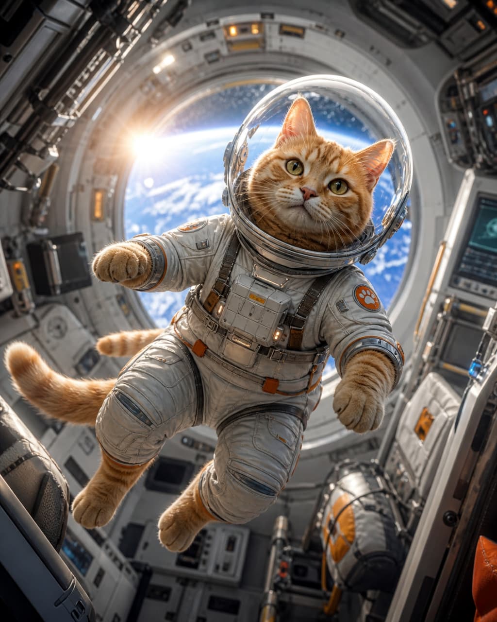 「無重力サイコー！ふわふわ浮かんで宇宙をパトロール中だにゃ👨‍🚀🚀 #茶トラ #宇宙飛行士」Ultra-realistic high-quality photograph of an orange tabby cat in a full spacesuit floating in zero gravity inside a spacecraft, with sunlight and Earth visible through the window. 宇宙船の船内で無重力状態を漂う、本格的な白とオレンジの宇宙服を着た茶トラ猫の高画質写真。背景には窓から見える地球と太陽の光が差し込んでいる