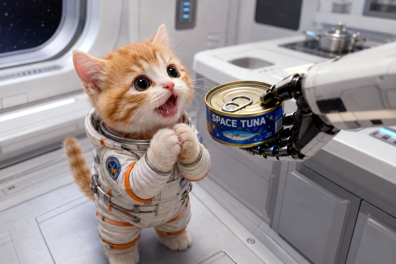「待ちに待った宇宙食ニャ！😻 宇宙のツナ缶のお味はいかに…！？🐟🚀 #宇宙猫 #茶トラ子猫 #猫のいる暮らし」Ultra-realistic high-quality photograph of an adorable orange tabby kitten in a detailed spacesuit, eagerly looking at a "SPACE TUNA" can offered by a robotic arm inside a spaceship, with a starry background visible through the window. 宇宙船の船内で、本格的な宇宙服を着た茶トラの子猫が、ロボットアームから「SPACE TUNA」と書かれた青い缶詰を差し出されて目を輝かせている、超高画質でリアルな写真。窓の外には星空が見える