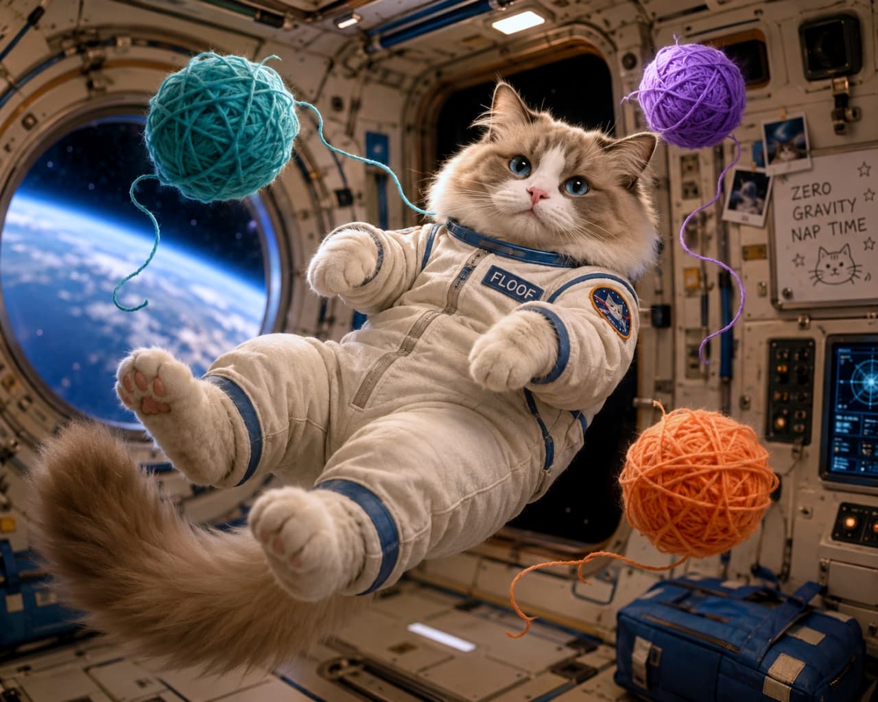 「無重力なら毛糸玉遊びもダイナミックに🚀🧶 宇宙旅行中のラグドールちゃん、楽しそう！ #宇宙猫 #猫のいる暮らし」Ultra-realistic high-quality photograph of a Ragdoll cat in a spacesuit floating in zero gravity inside a spacecraft, playing with colorful yarn balls, with Earth visible through the window. 宇宙船内の無重力空間で、宇宙服を着たラグドール猫が色とりどりの毛糸玉と戯れて宙に浮いている超高画質な実写風画像。窓の外には青い地球が見える