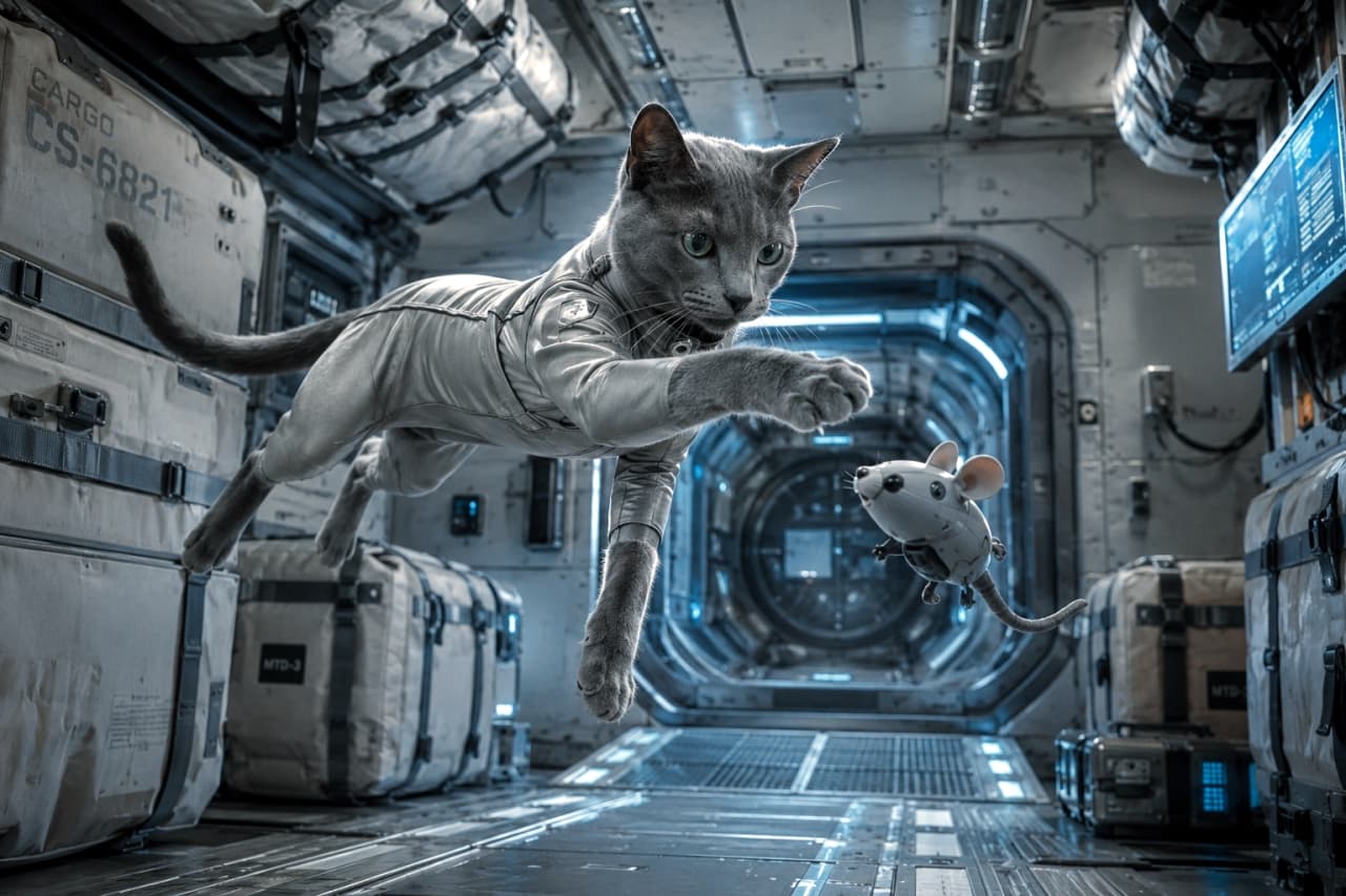 「宇宙船内でもハンターの血が騒ぐにゃ！🚀💨 メカマウスを華麗なジャンプでキャッチ！ #ロシアンブルー #無重力」Ultra-realistic high-quality photograph of a Russian Blue cat in a sleek spacesuit leaping through the air to catch a floating robotic mouse in a spaceship corridor. 宇宙船の無機質な通路で、スタイリッシュな宇宙服を着たロシアンブルーが宙を舞い、浮遊するロボットマウスに飛びかかっている超高画質な実写風画像