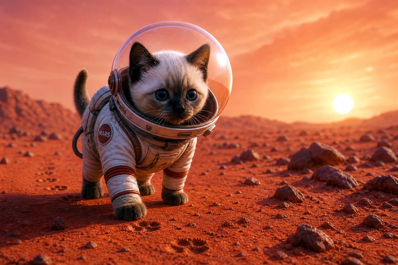 「小さな一歩は猫界の大きな飛躍ニャ！🚀✨火星の夕日を背に、未知の世界を探検する勇敢な子猫クルー🐾」Ultra-realistic high-quality photograph of a Siamese-style kitten astronaut exploring a red Martian landscape under a setting sun. オレンジ色の火星のような大地を歩く、宇宙服と透明なヘルメットを被ったシャム猫風の子猫。背景には夕日が沈むリアルな風景