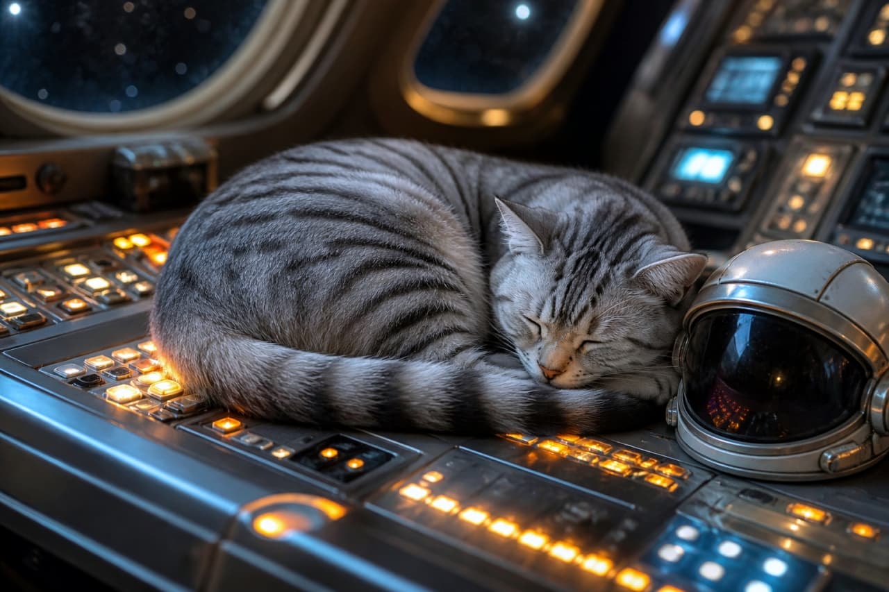 「宇宙の旅も休憩は大事にゃ🐾計器盤の暖かさが心地いい？コクピットで熟睡中の猫クルーをお届け😴✨」Ultra-realistic high-quality photograph of a silver tabby cat sleeping curled up on an illuminated control panel inside a spaceship cockpit, next to an astronaut helmet. 宇宙船の薄暗いコクピットで、光るコントロールパネルの上で丸まって眠るサバトラ猫。横には宇宙飛行士のヘルメットが置かれているリアルな写真