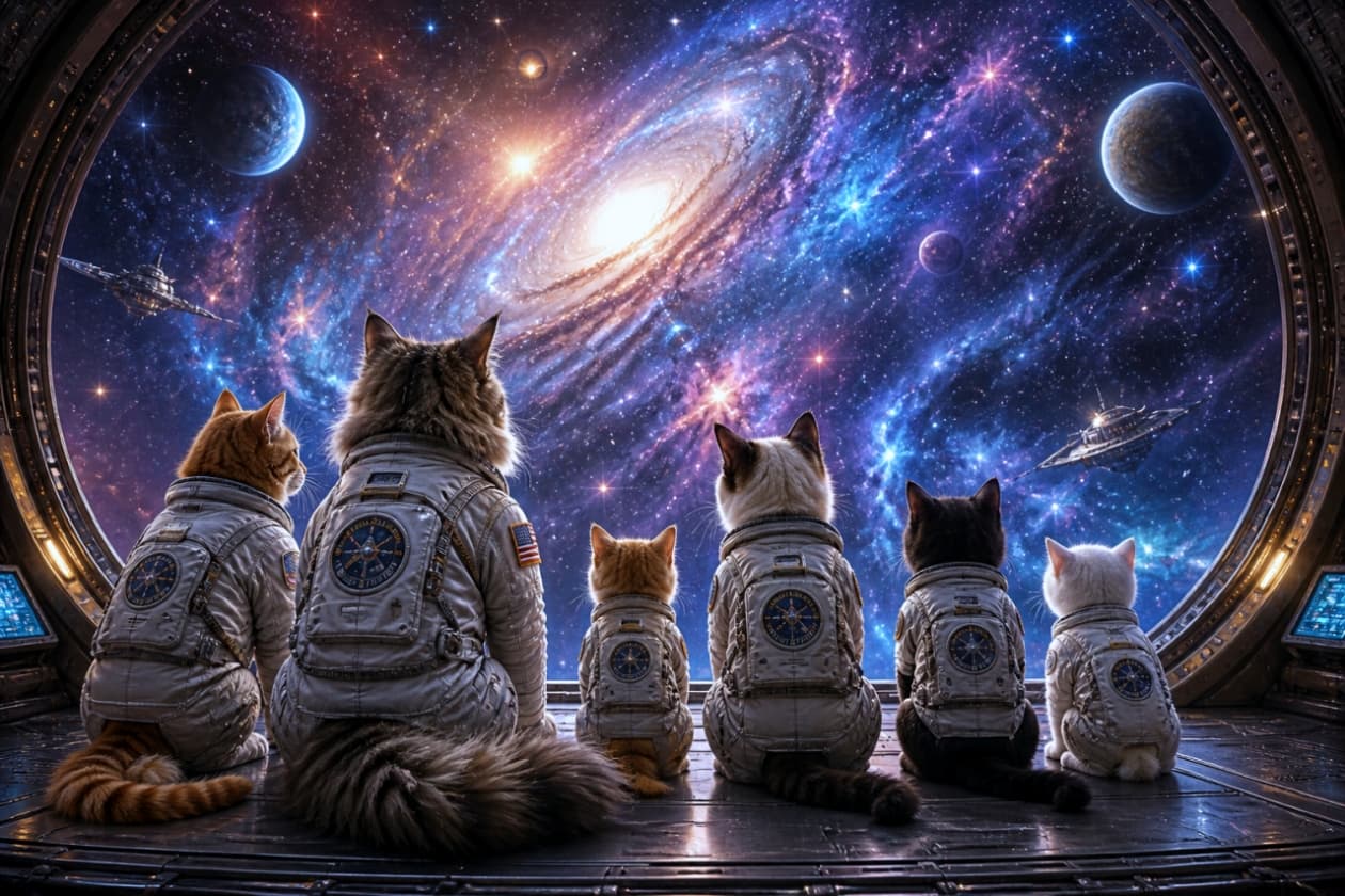 「仲間と一緒に見る宇宙の景色は、きっと最高の宝物🌌🐈🐈‍⬛ 壮大な銀河に何を思うのかな？ #多頭飼い #絶景」Ultra-realistic high-quality photograph of six cats in spacesuits sitting in a row from behind, looking up at a colorful nebula and galaxy through a giant spaceship window. 宇宙服を着た大小6匹の猫たちが一列に並んで座り、宇宙船の巨大な窓から色鮮やかな星雲や銀河系を後ろ姿で見上げている超高画質な実写風画像